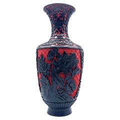Chinese Carved Cinnabar Lacquer Vase w/ Black Floral Relief, Early 20th Century