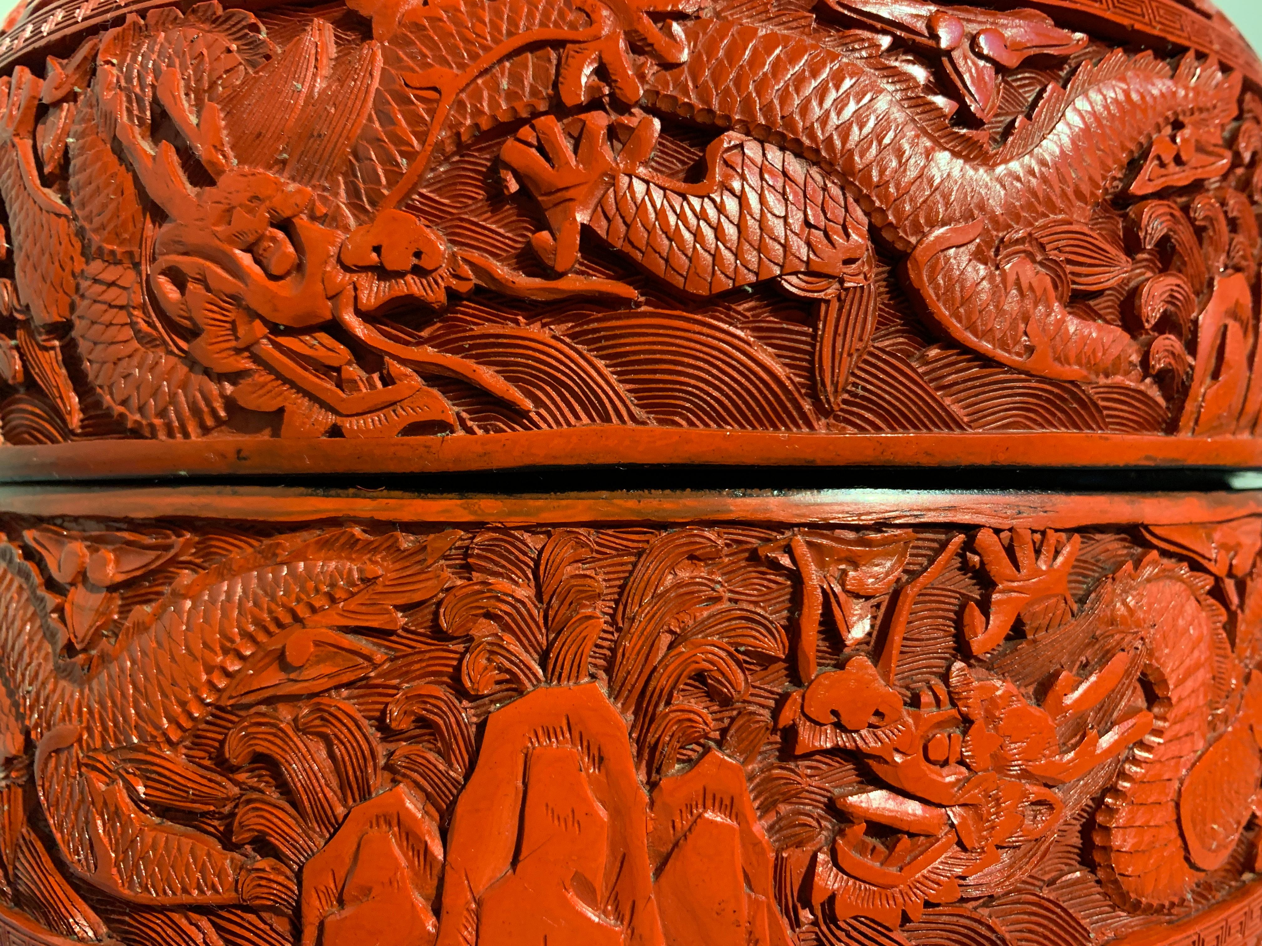 Chinese Carved Cinnabar Red Lacquer Round Dragon Box, Republic Period 1