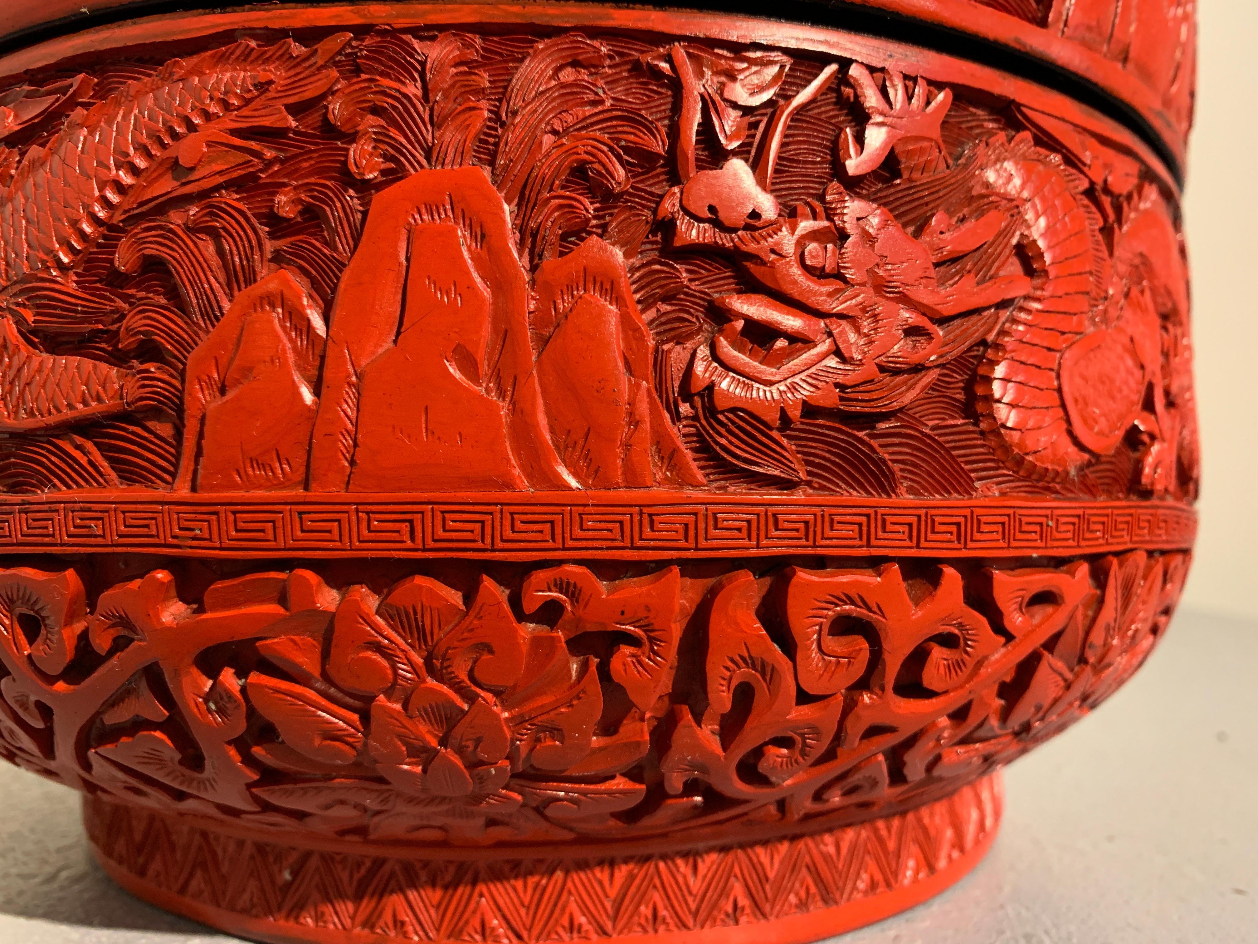 Chinese Carved Cinnabar Red Lacquer Round Dragon Box, Republic Period 3