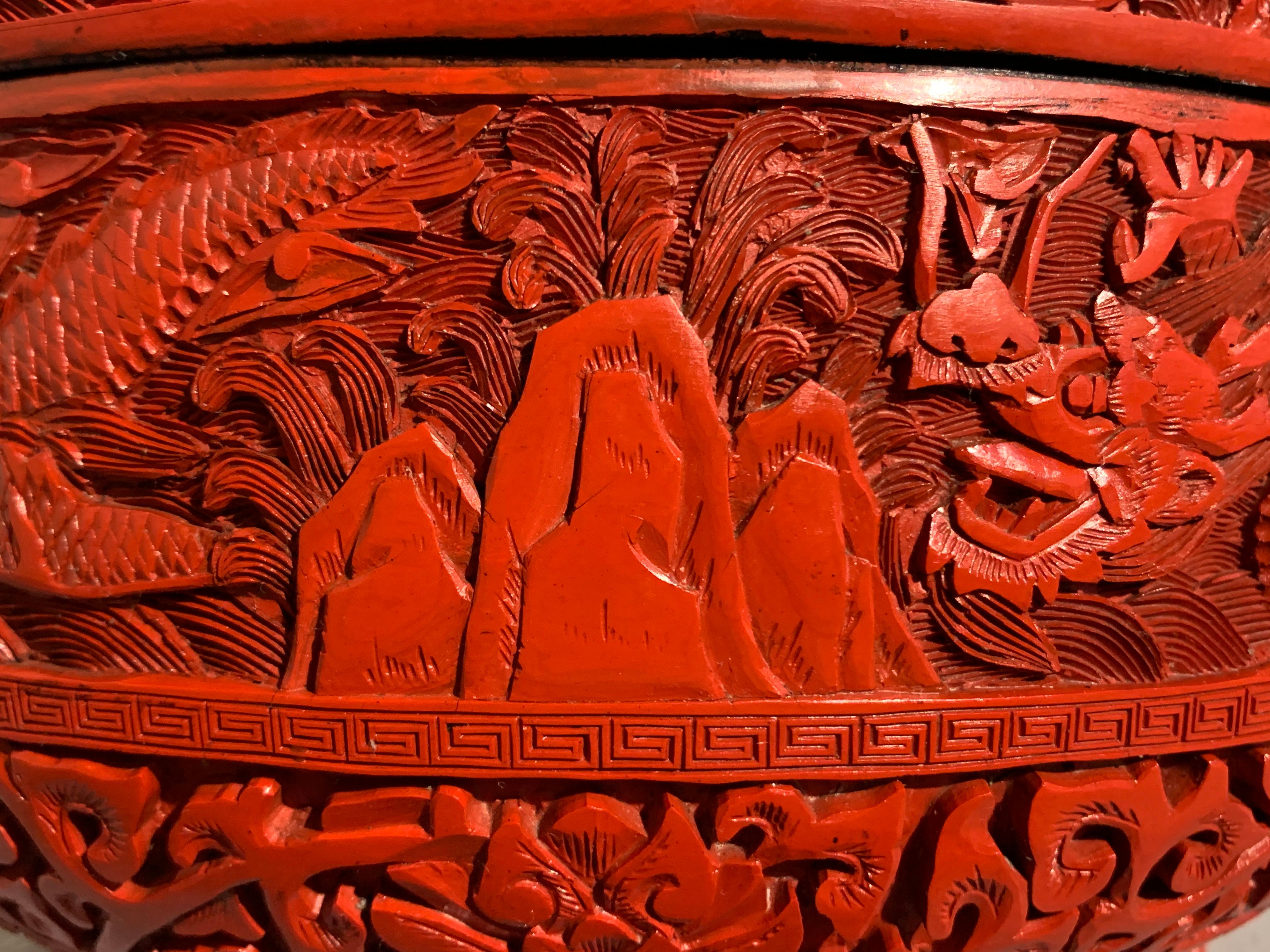 Chinese Carved Cinnabar Red Lacquer Round Dragon Box, Republic Period 5