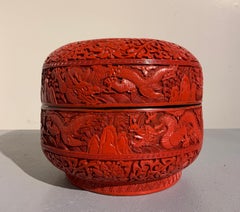 Chinese Carved Cinnabar Red Lacquer Round Dragon Box, Republic Period