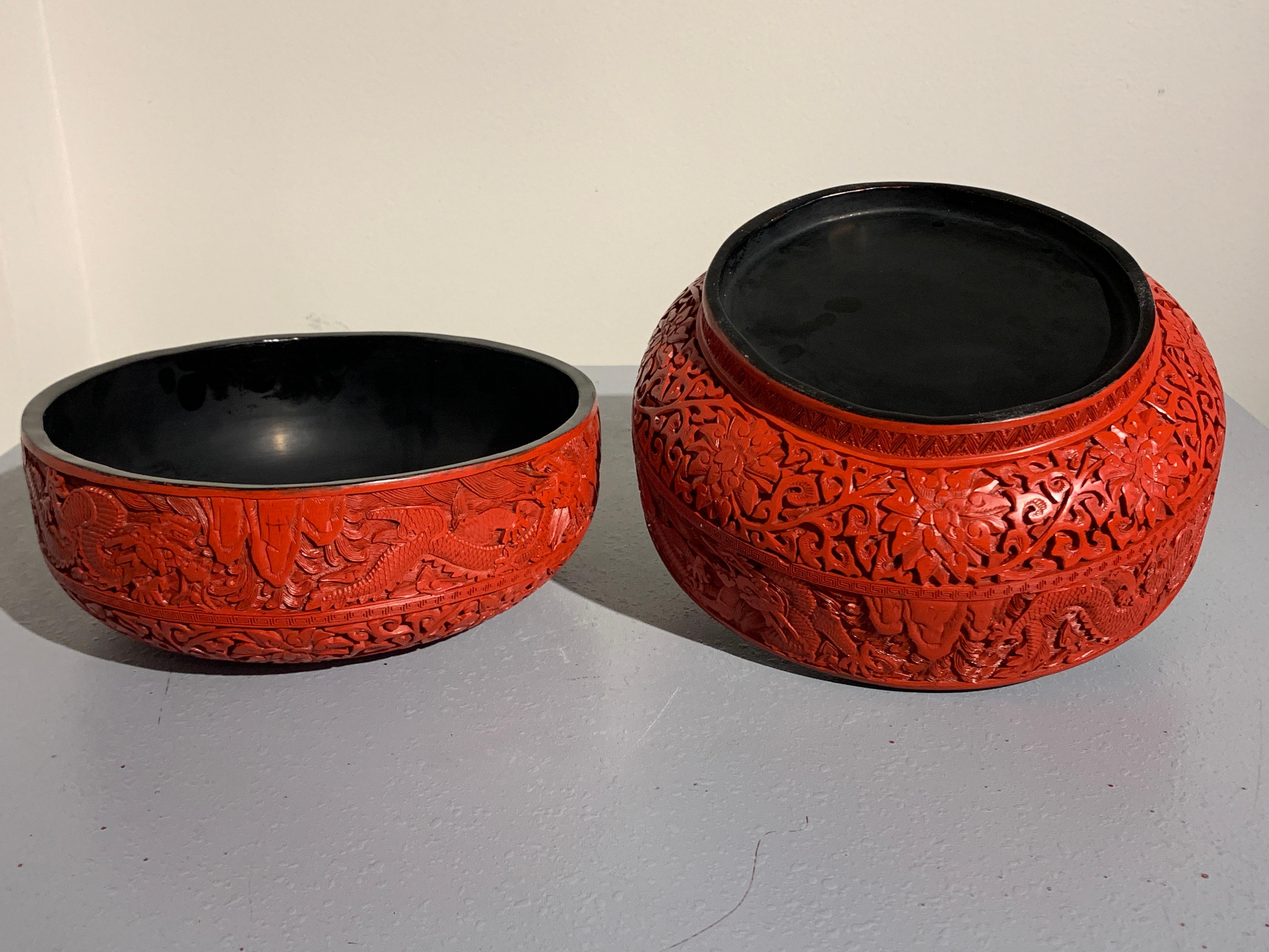 Hand-Carved Chinese Carved Cinnabar Red Lacquer Round Dragon Box, Republic Period