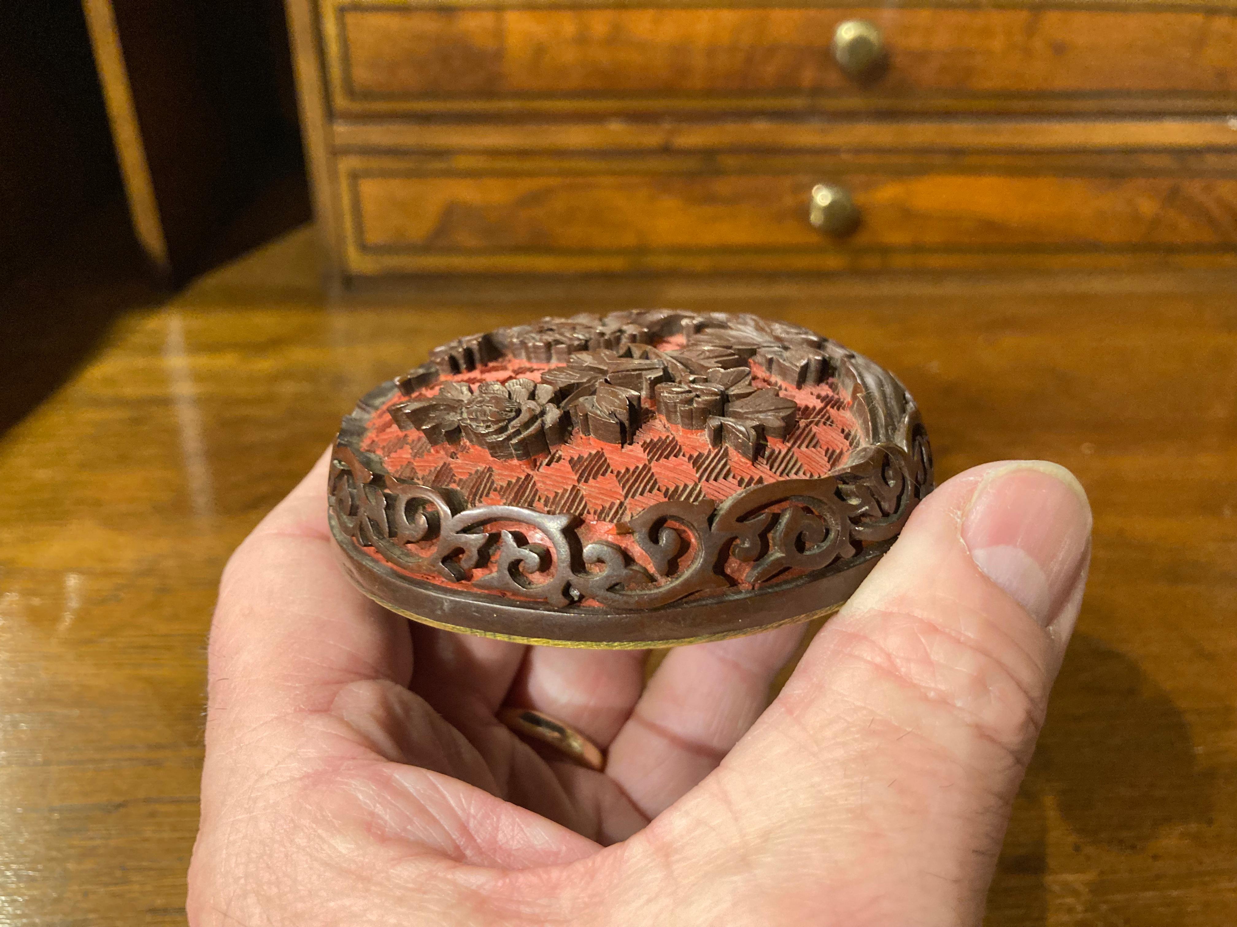 Chinese Carved Cinnabar Round Lidded Box or Jar For Sale 6