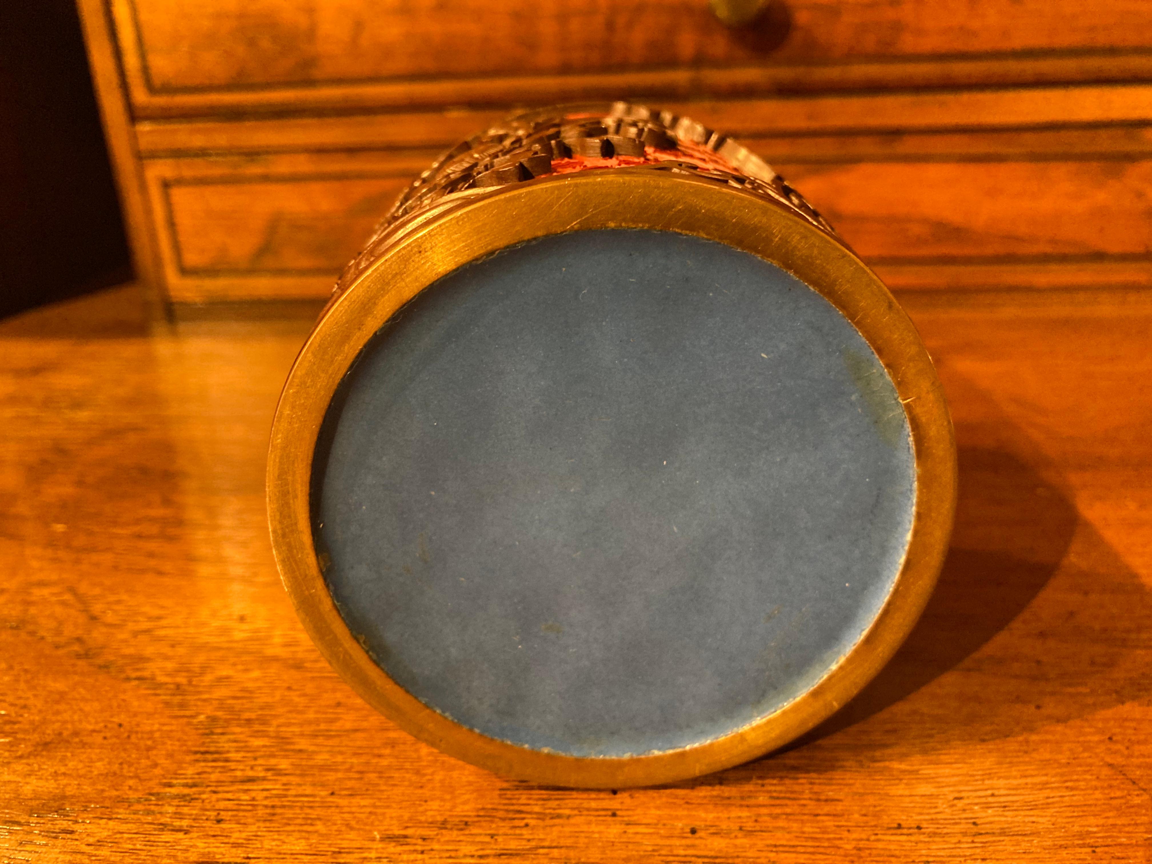 Chinese Carved Cinnabar Round Lidded Box or Jar For Sale 9