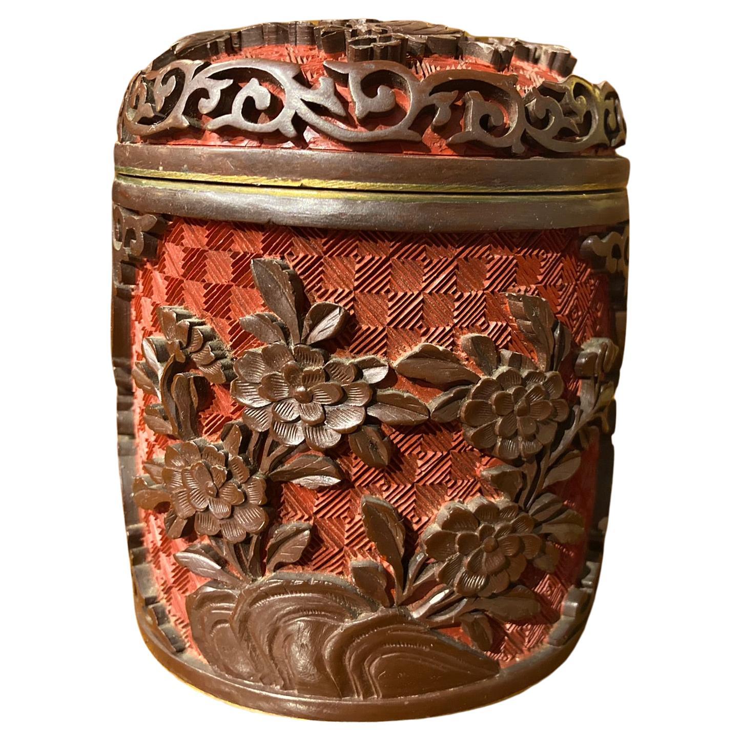 Chinese Carved Cinnabar Round Lidded Box or Jar For Sale