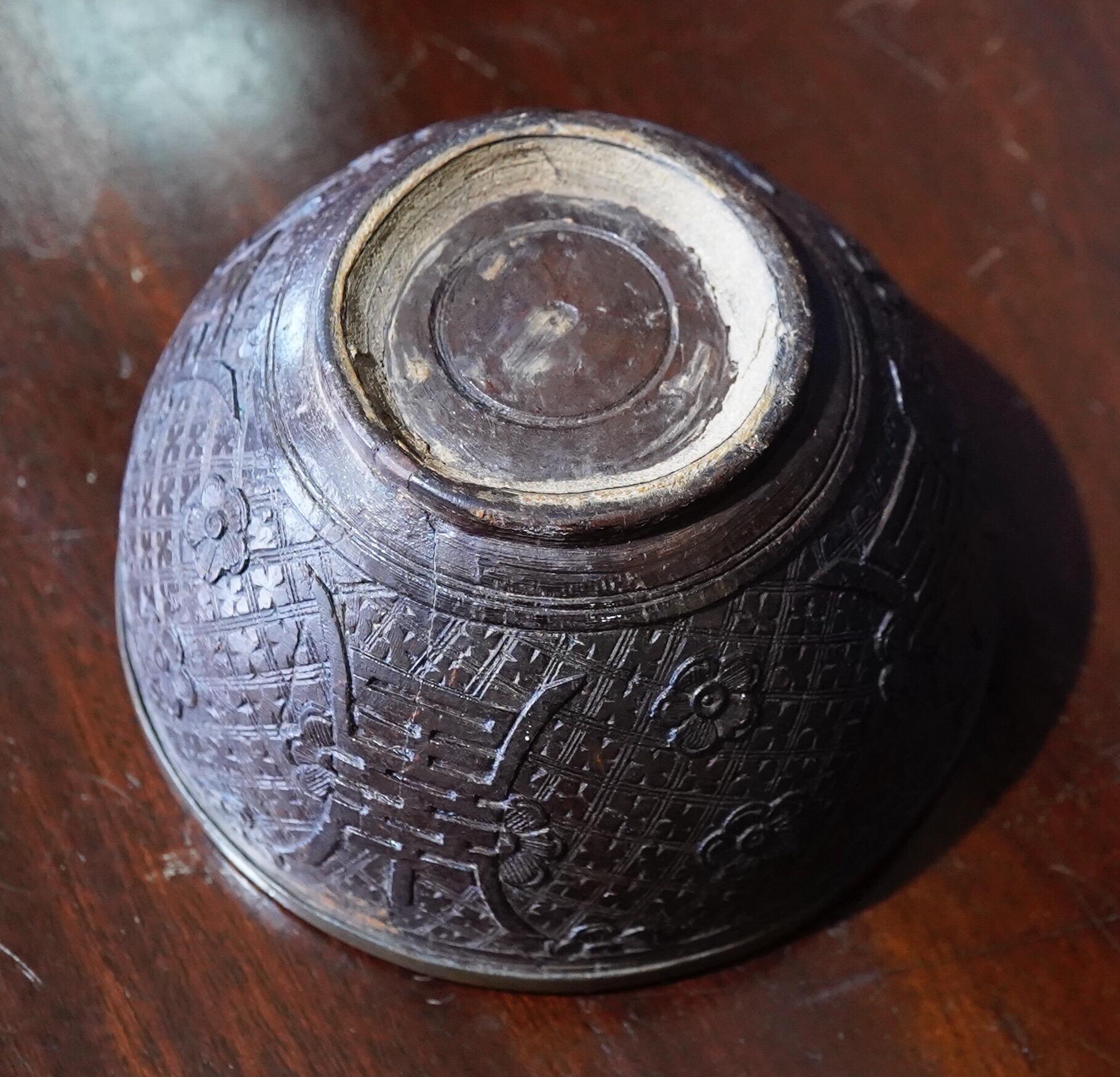 Chinese Carved Coconut Bowl, ‘Happiness’ & Prunus, 19th Century In Fair Condition In Geelong, Victoria