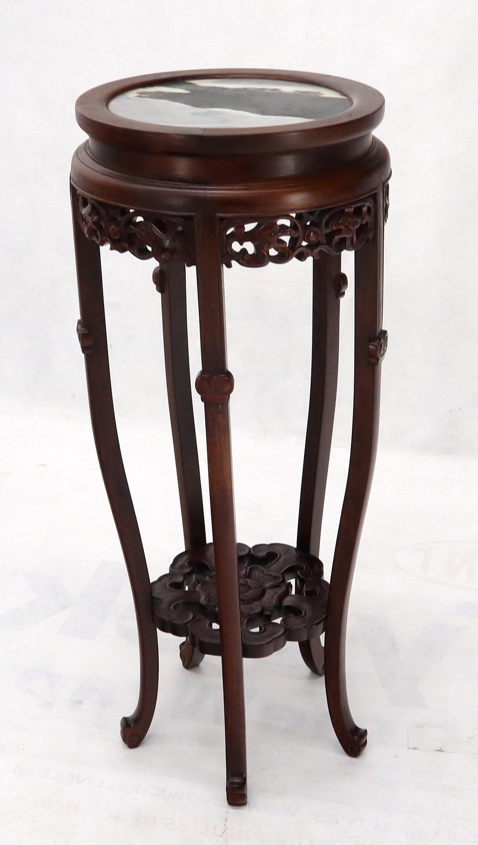 High quality vintage Chinese Asian carved rosewood marble top lamp table round stand pedestal.