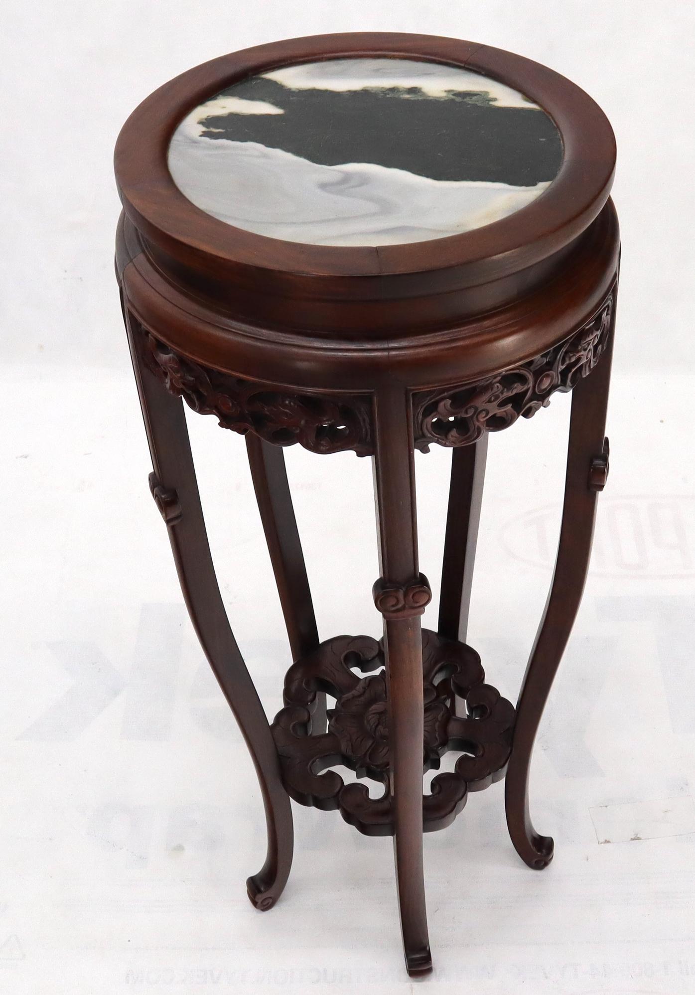 Chinoiserie Chinese Carved Dark Rosewood Marble Top Round Stand For Sale