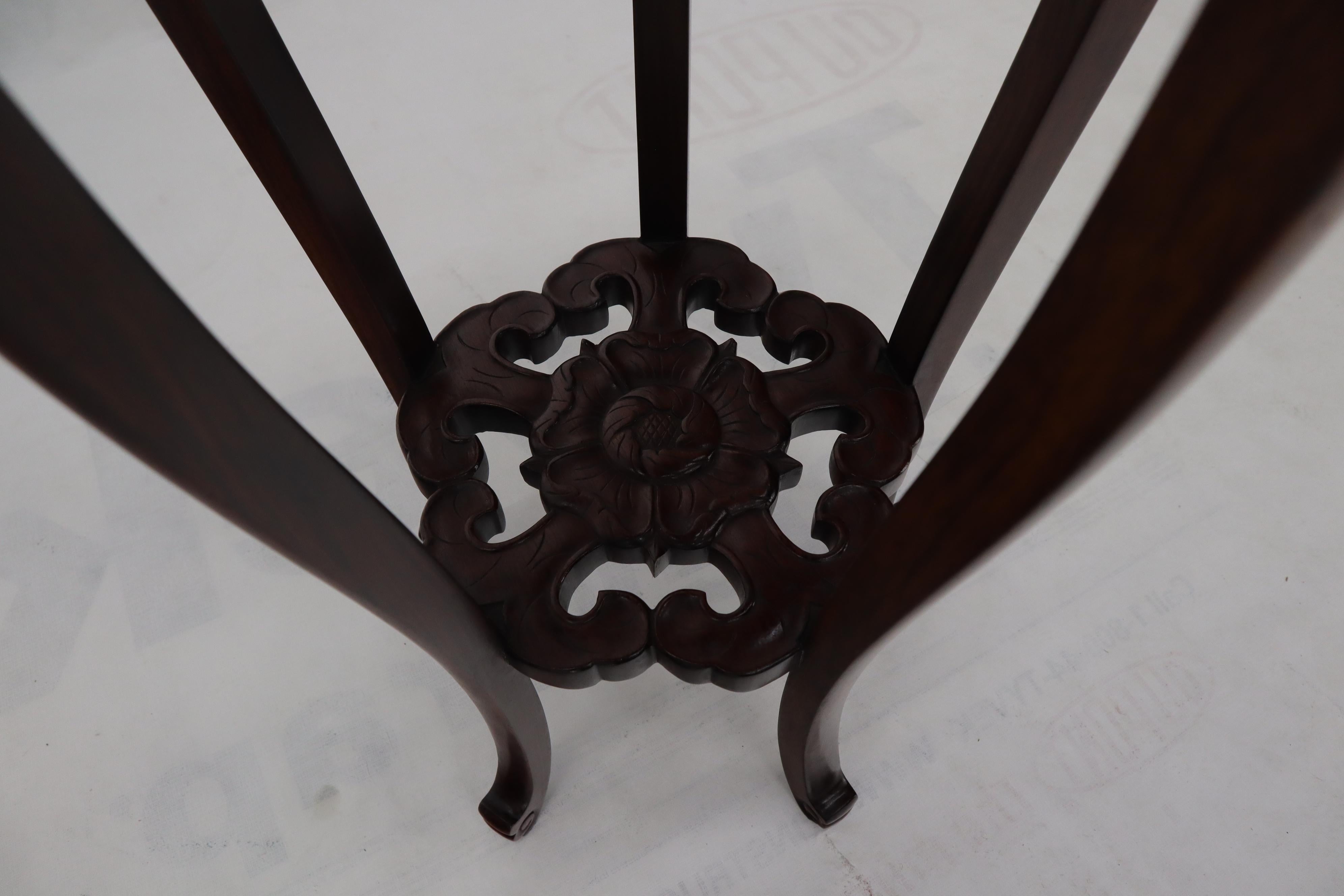 Chinese Carved Dark Rosewood Marble Top Round Stand For Sale 1