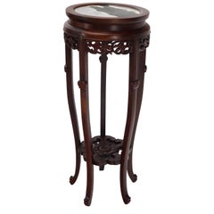 Chinese Carved Dark Rosewood Marble Top Round Stand