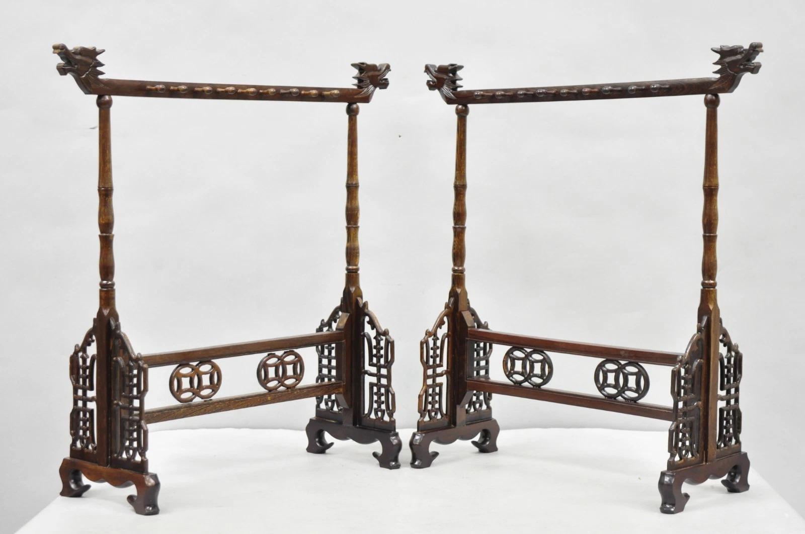 Porte-plume de calligraphie dragon chinois sculpté, support en bois de rose - une paire en vente 8