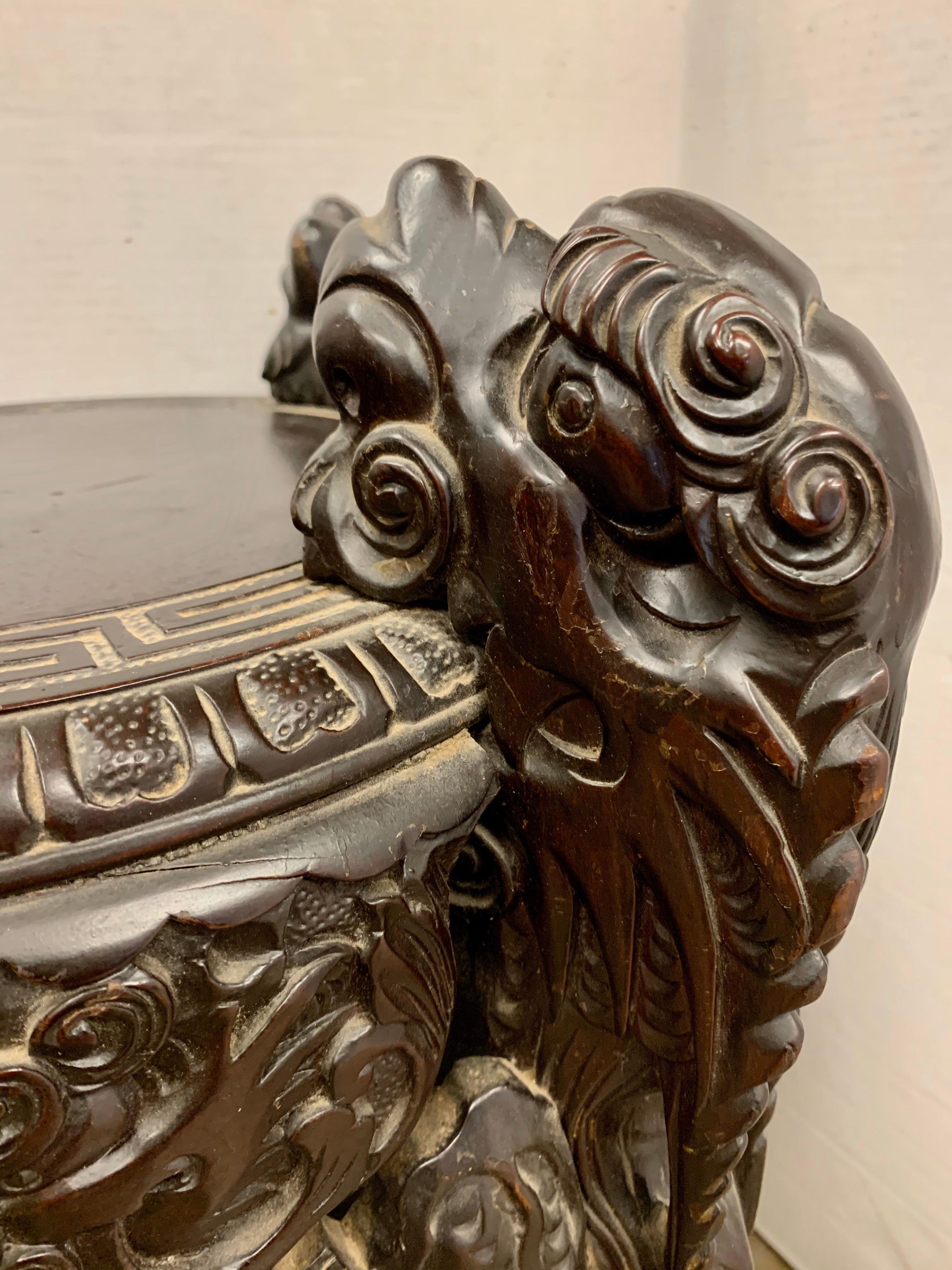 Wood Chinese Carved Dragon Stand Table Pedestal