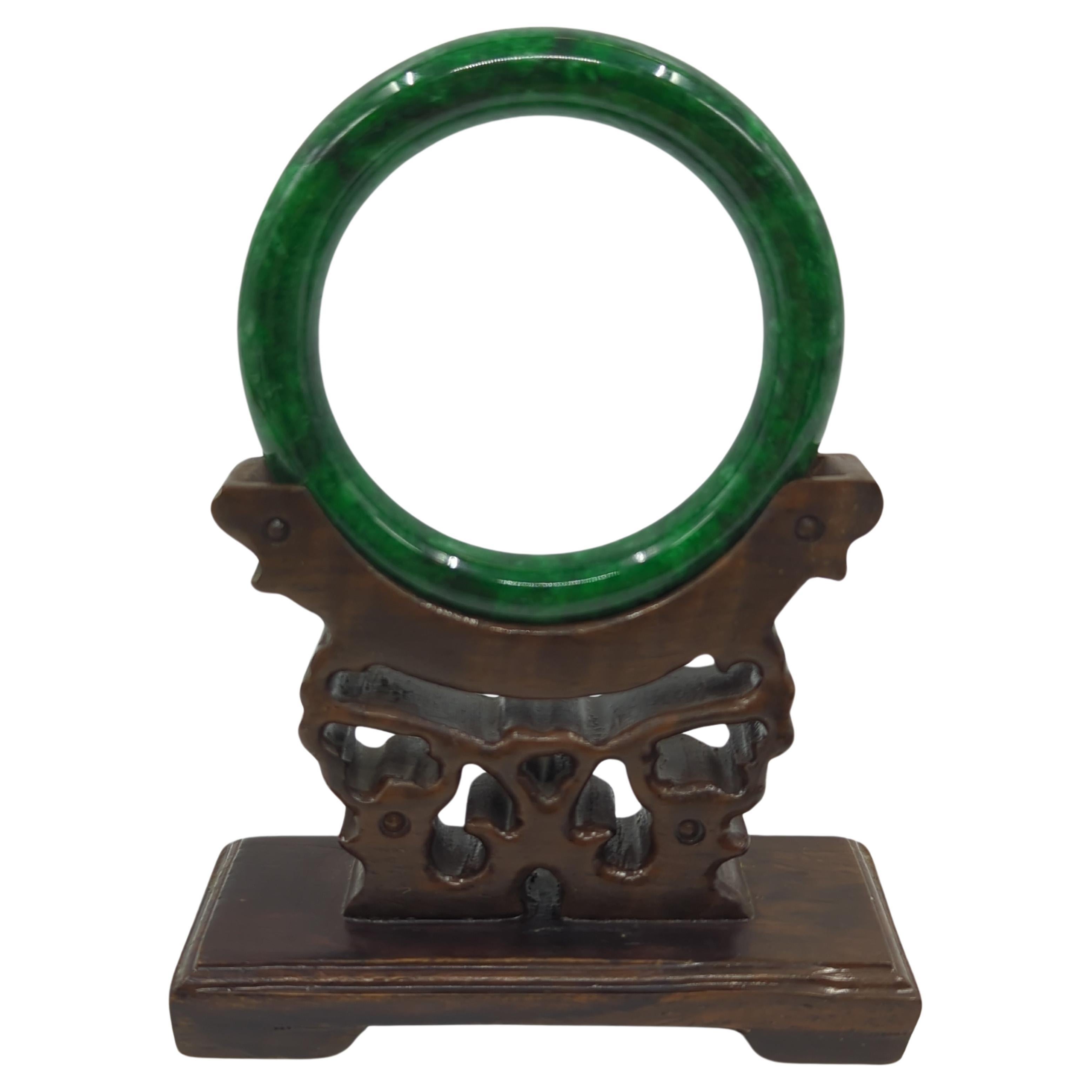 Round Cut Chinese Carved Chloromelanite Dark Green A-Grade Jadeite Bangle Small 50mm ID For Sale