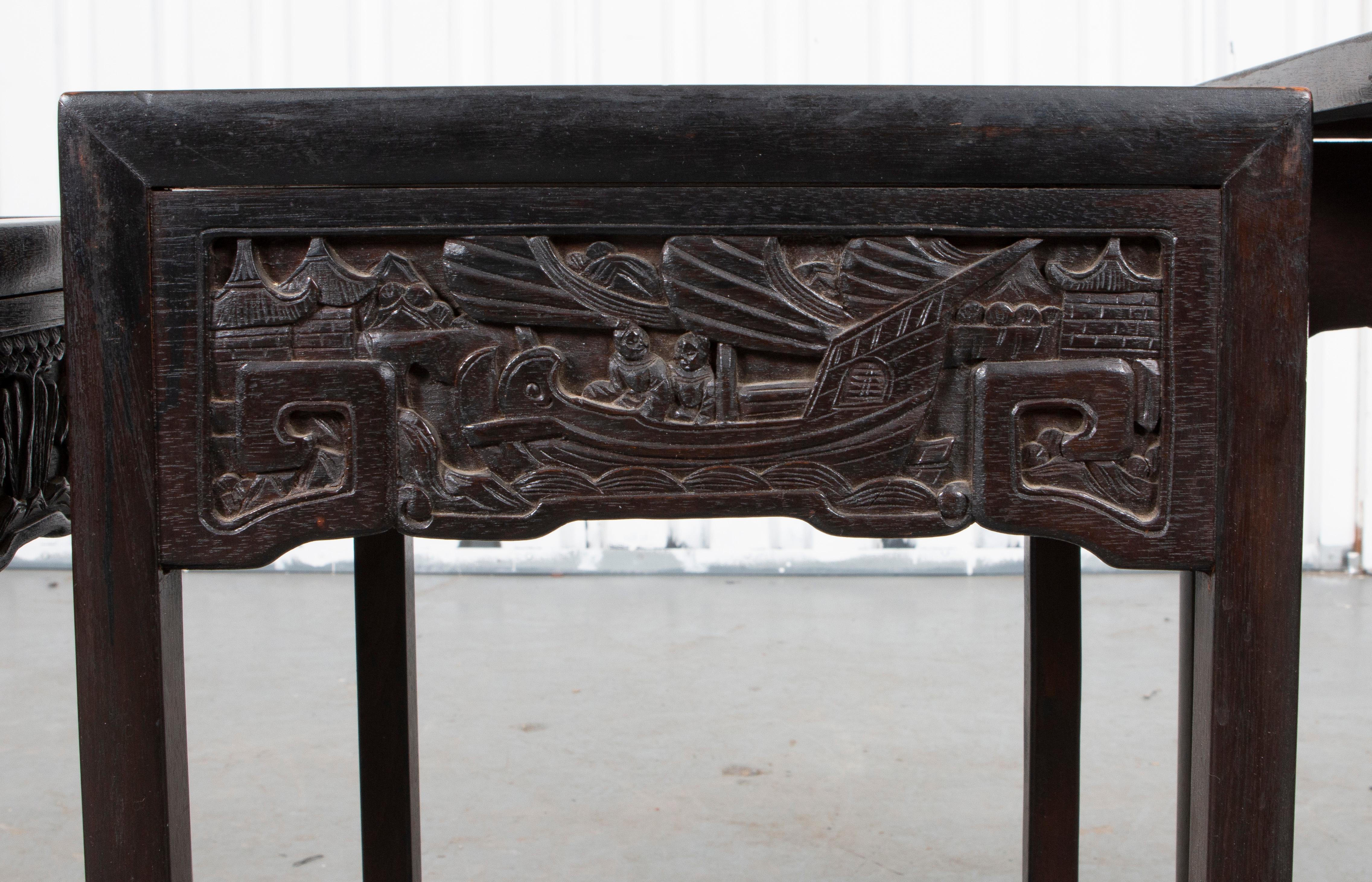 Chinese Carved Ebonized Nesting Tables, Set of 3 In Good Condition For Sale In New York, NY