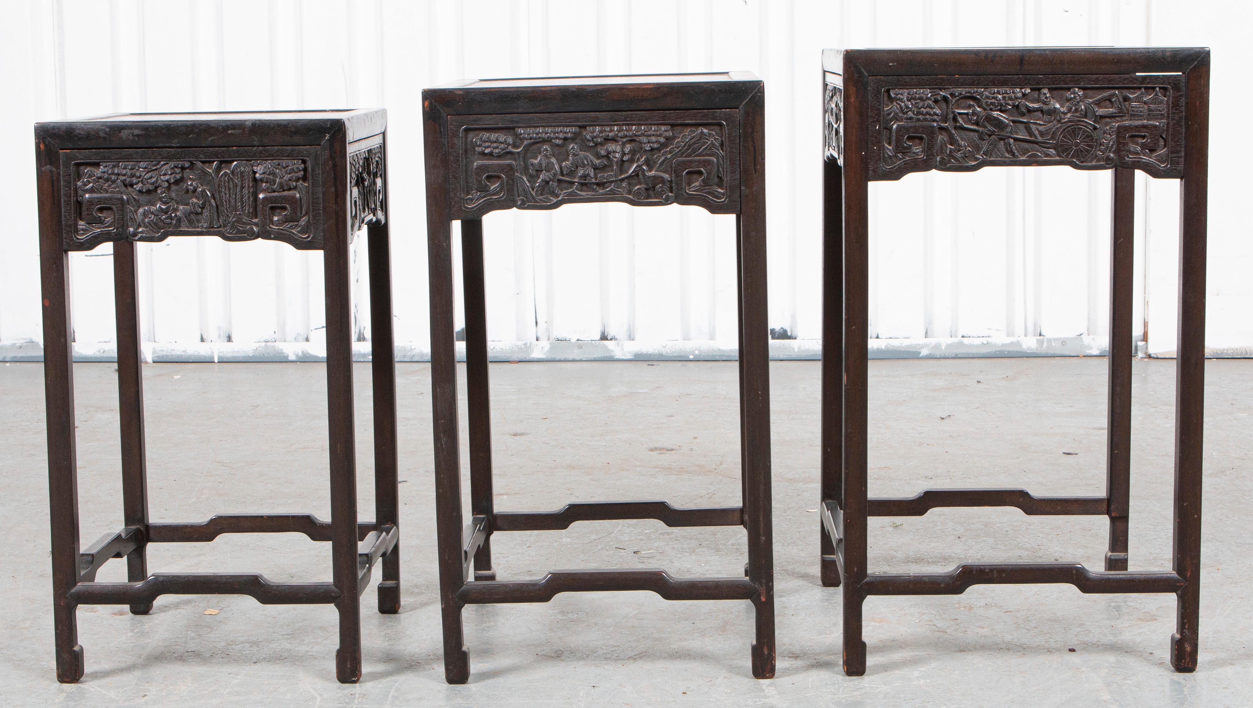 Wood Chinese Carved Ebonized Nesting Tables, Set of 3 For Sale