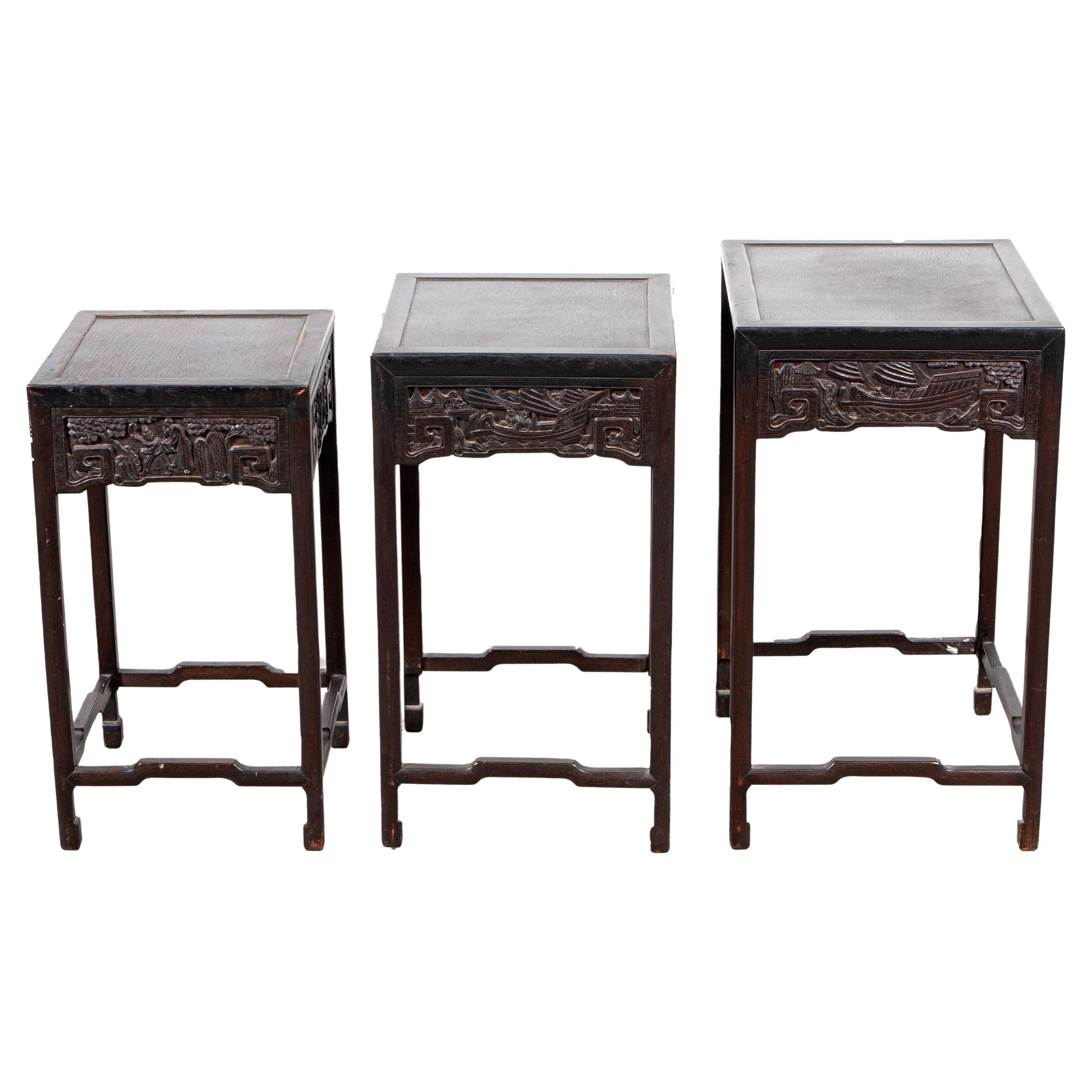 Chinese Carved Ebonized Nesting Tables, Set of 3 For Sale