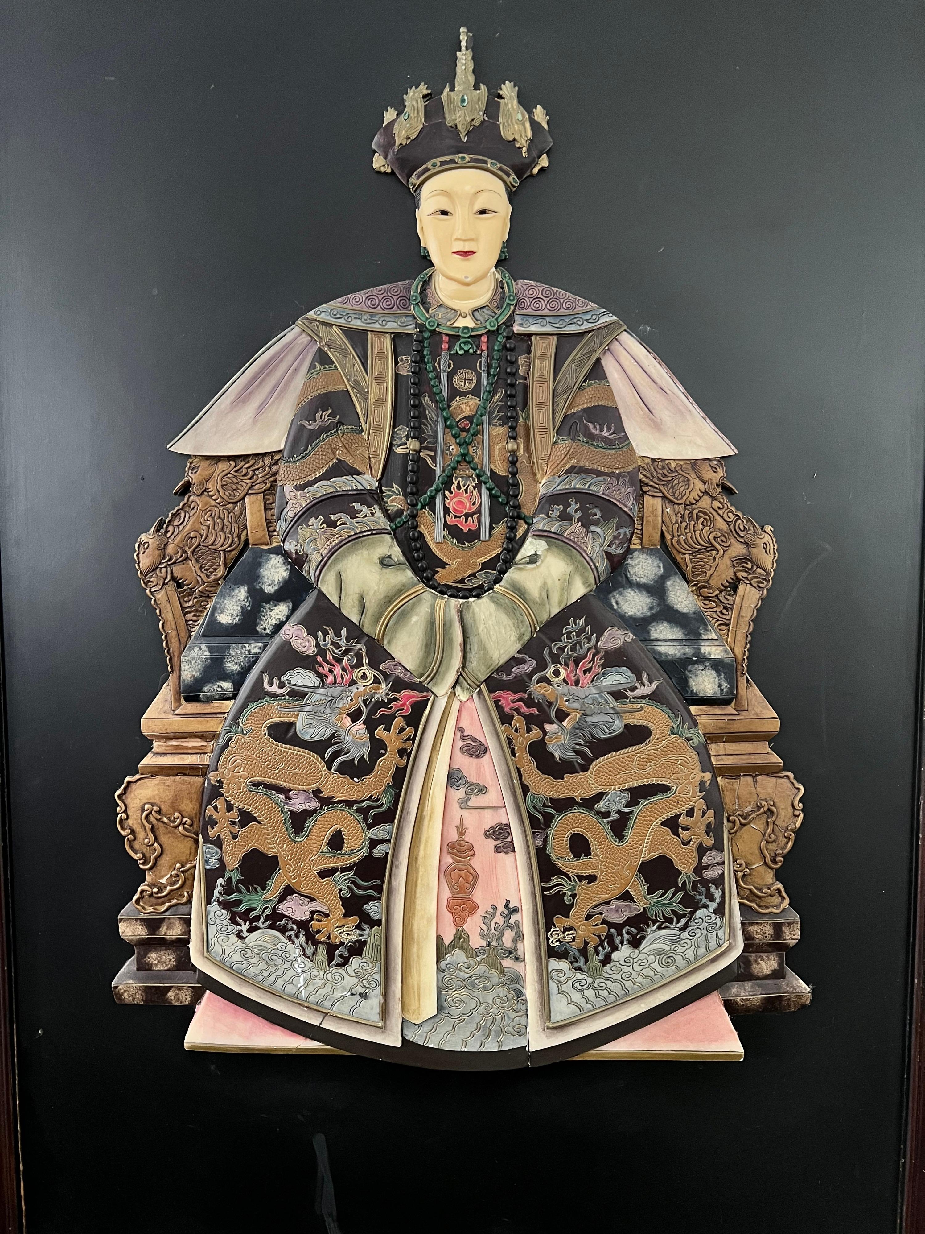 Brass Chinese Carved Emperor and Empress Artwork Panels Made of Rosewood and Resin