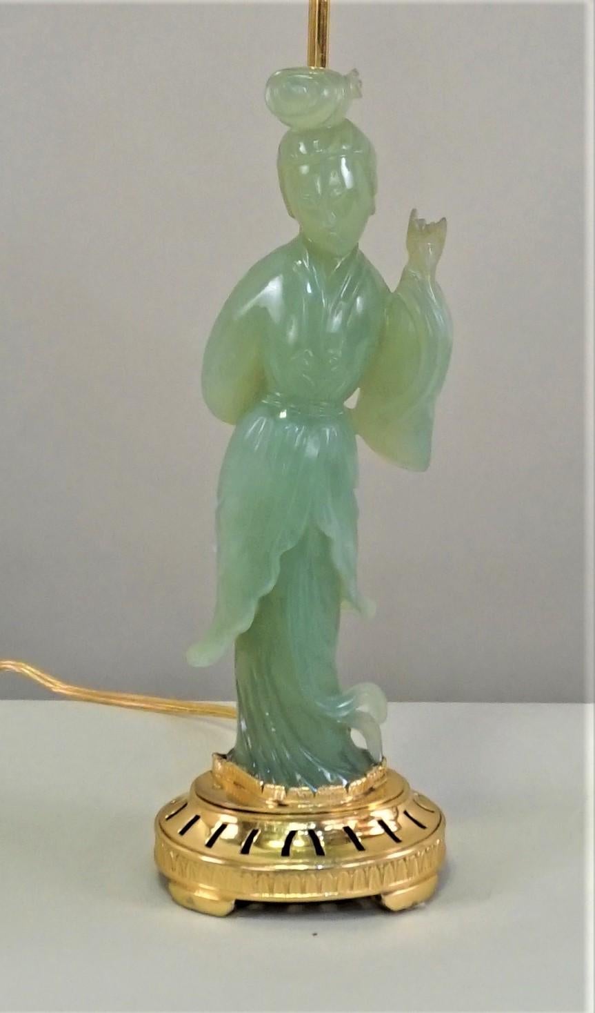 Chinese Carved Female Figure in Jade, Guanyin with Dore Bronze Base Table Lamp In Good Condition In Fairfax, VA