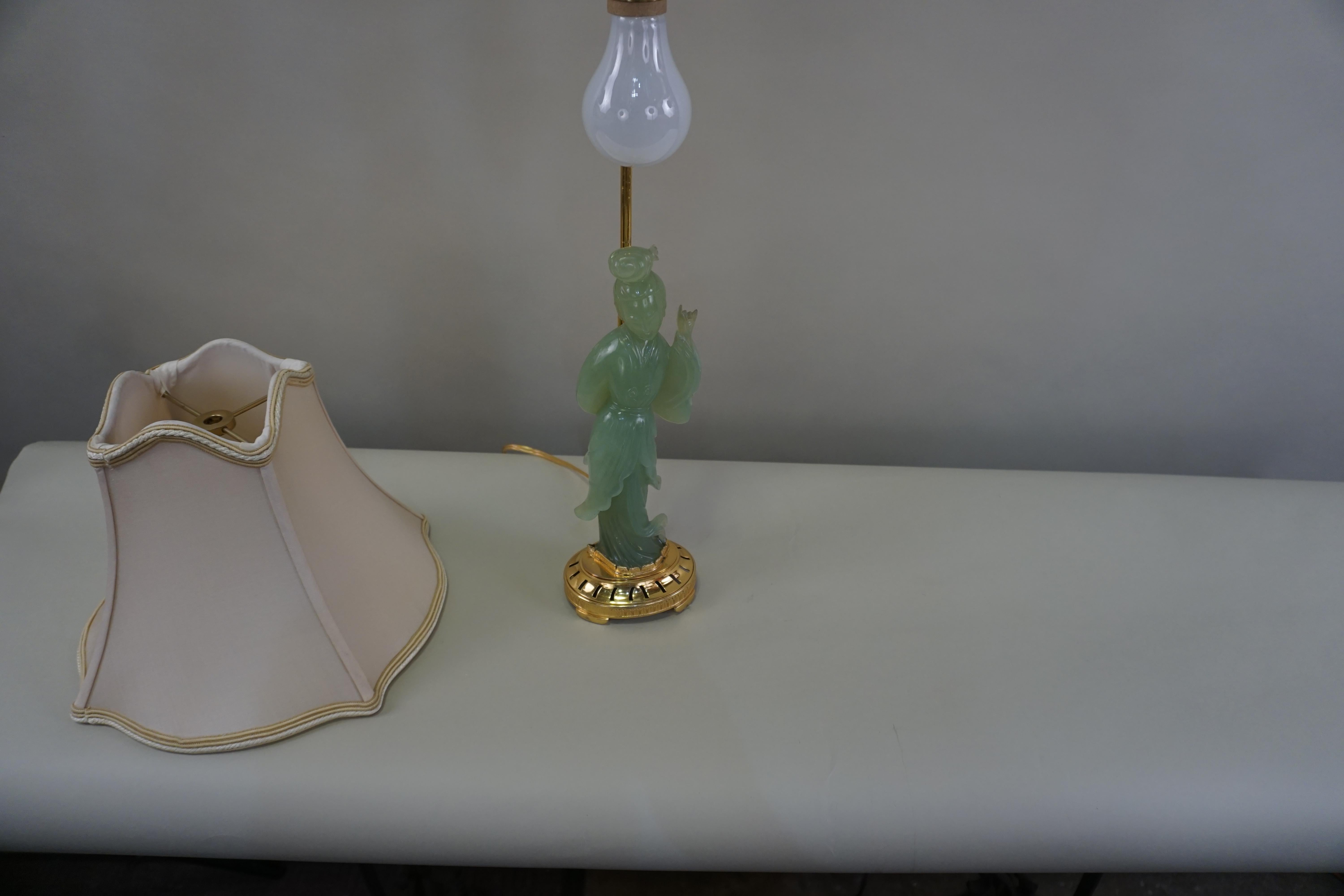 Chinese Carved Female Figure in Jade, Guanyin with Dore Bronze Base Table Lamp 2