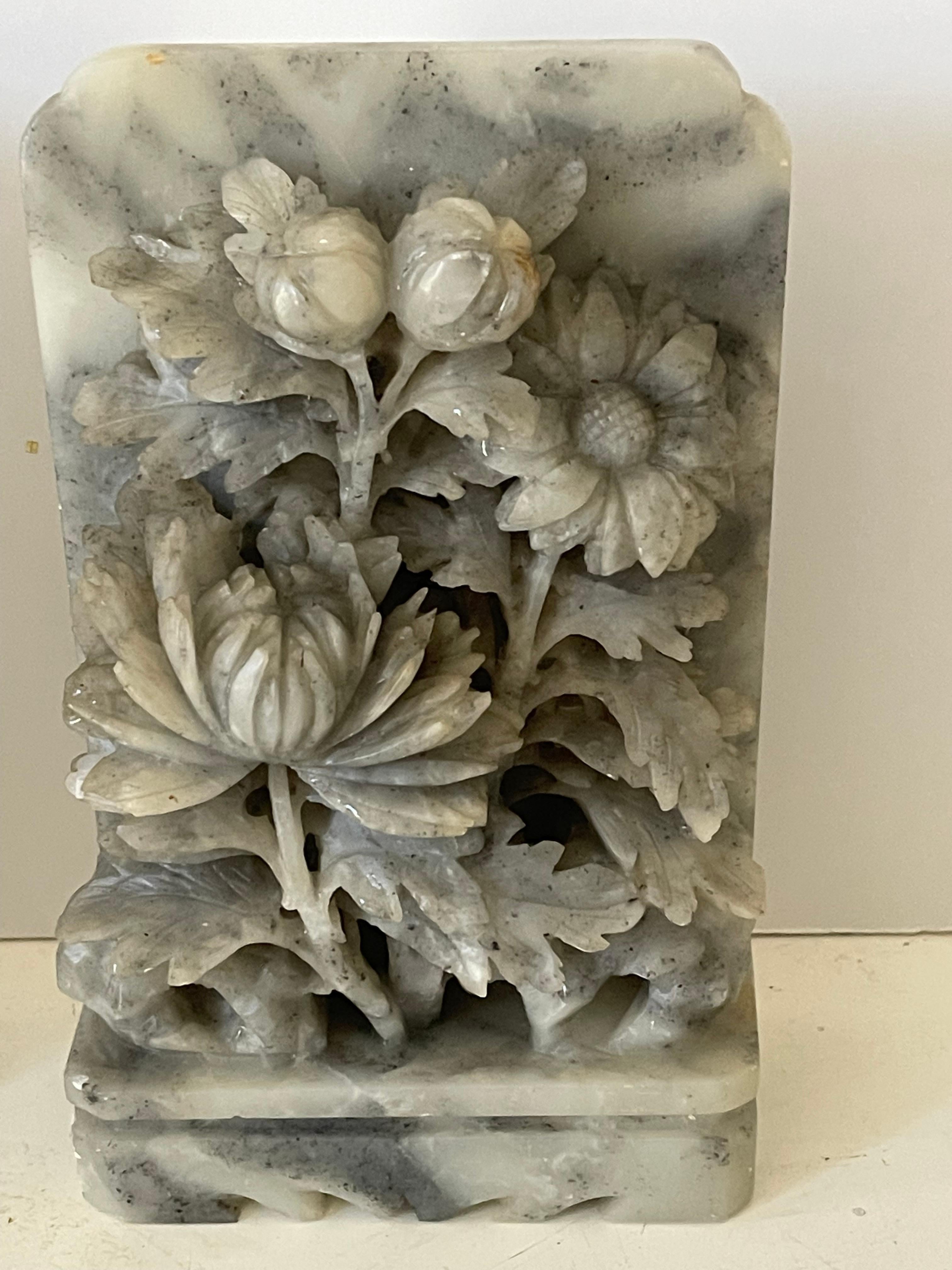 Chinese Chippendale Chinese Carved Floral Bookends Hardstone For Sale