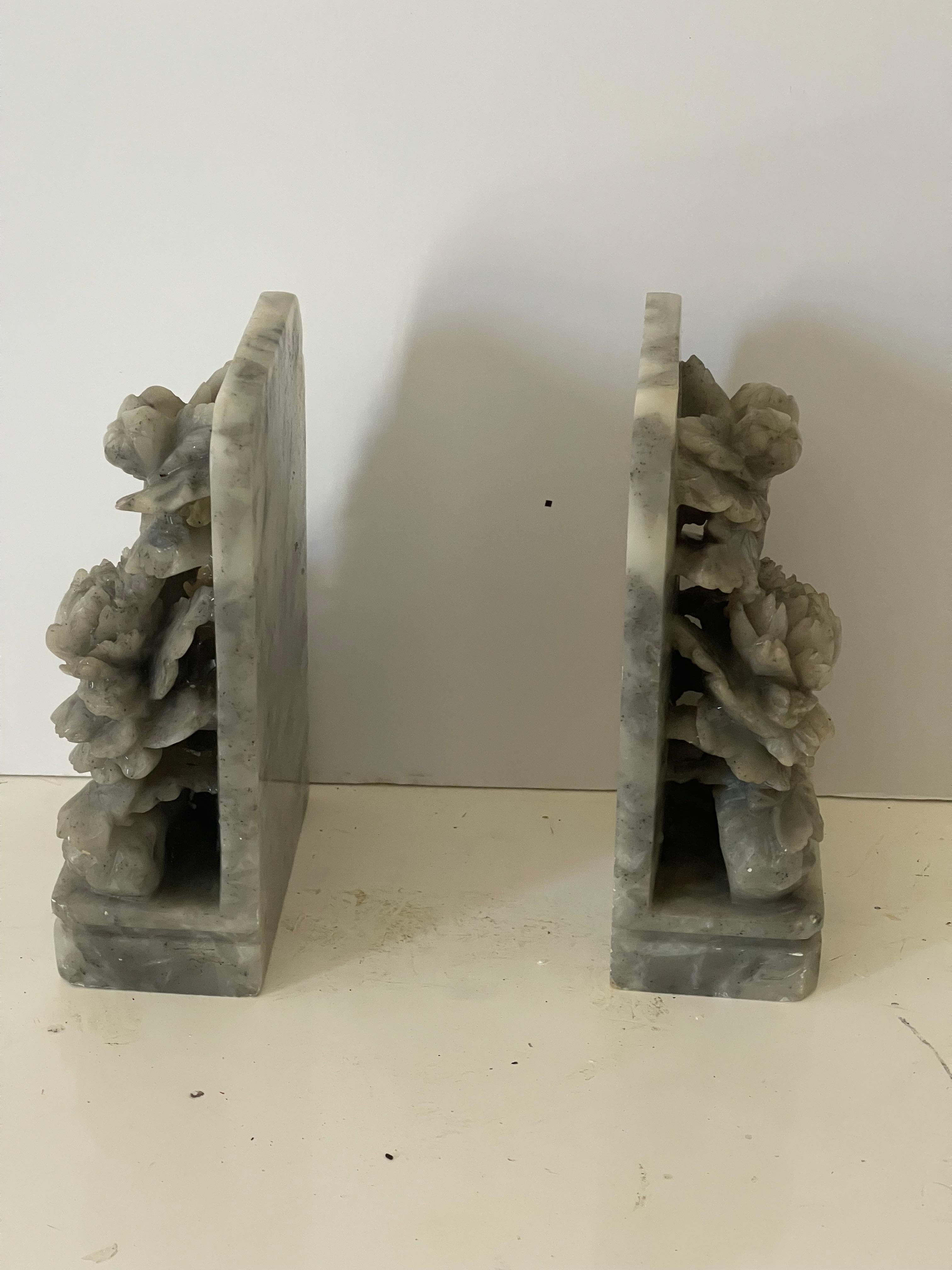 Chinese Carved Floral Bookends Hardstone In Good Condition For Sale In Boca Raton, FL