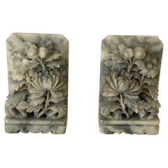 Chinese Carved Floral Bookends Hardstone