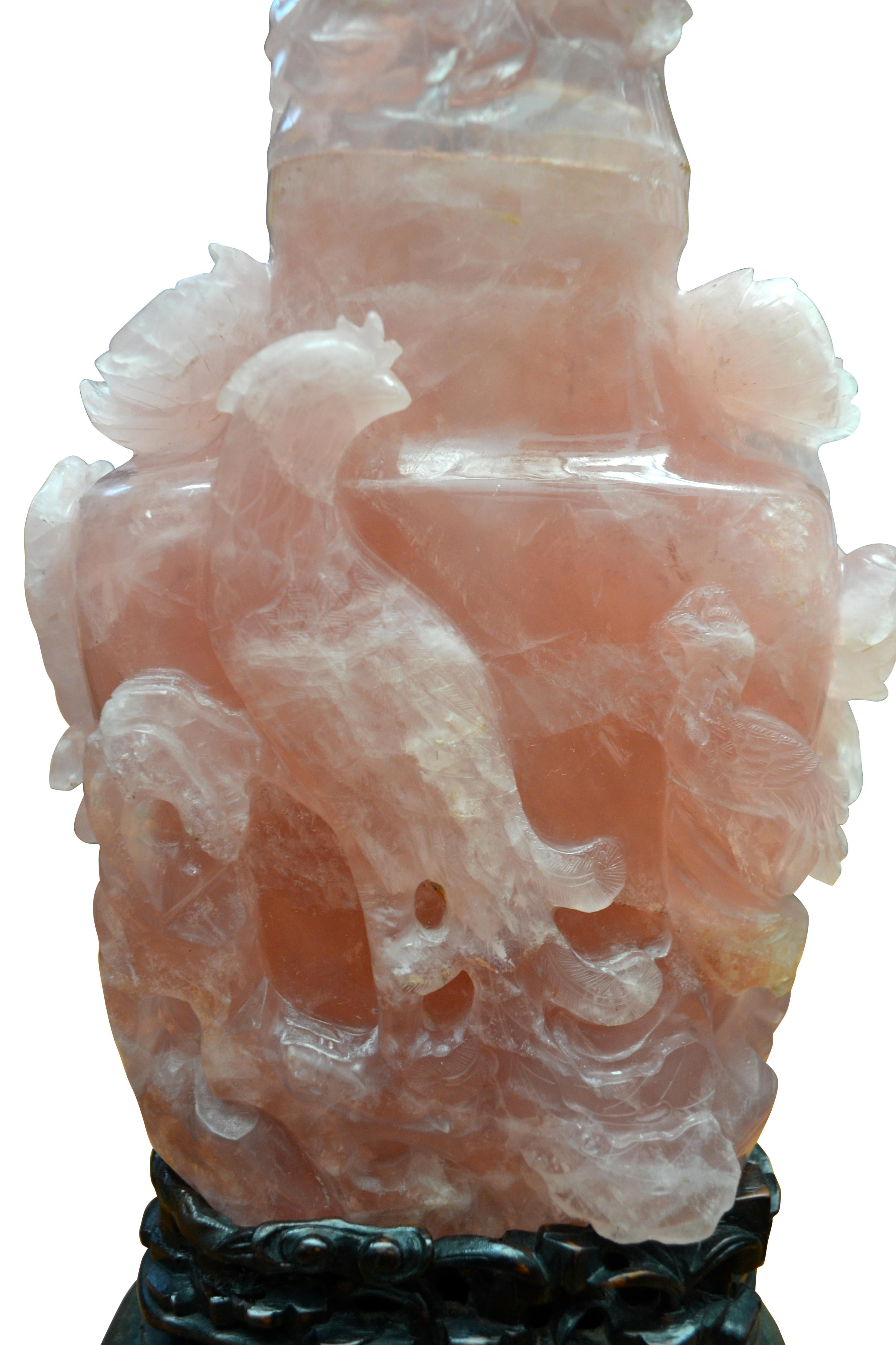 Chinese Carved Pink Fluorite 'Jadeite' Table Lamp In Good Condition In Vancouver, British Columbia