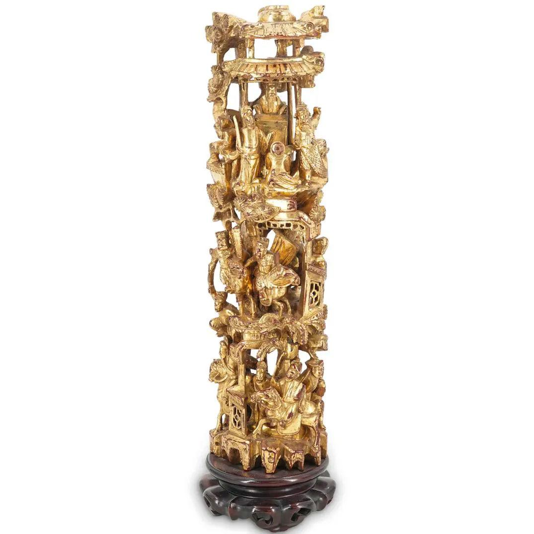 20th Century Chinese Carved Giltwood Tower Table Ornaments For Sale