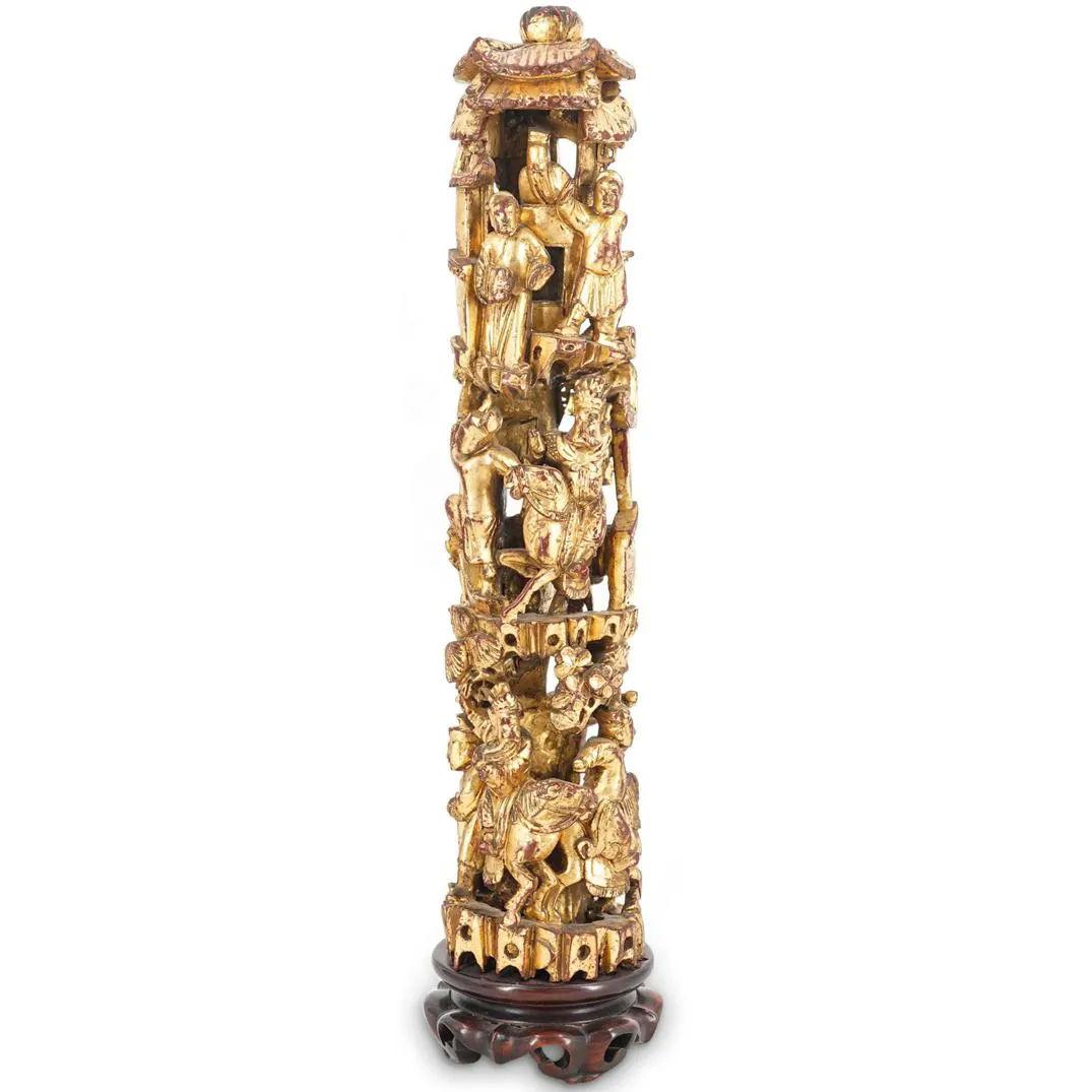 Chinese Carved Giltwood Tower Table Ornaments For Sale 2