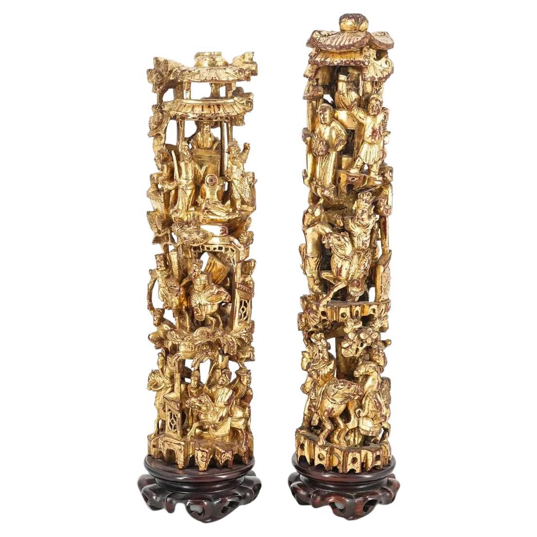 Chinese Carved Giltwood Tower Table Ornaments For Sale