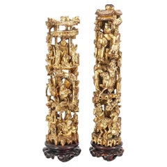 Chinesisch geschnitzt Giltwood Turm Tisch Ornamente