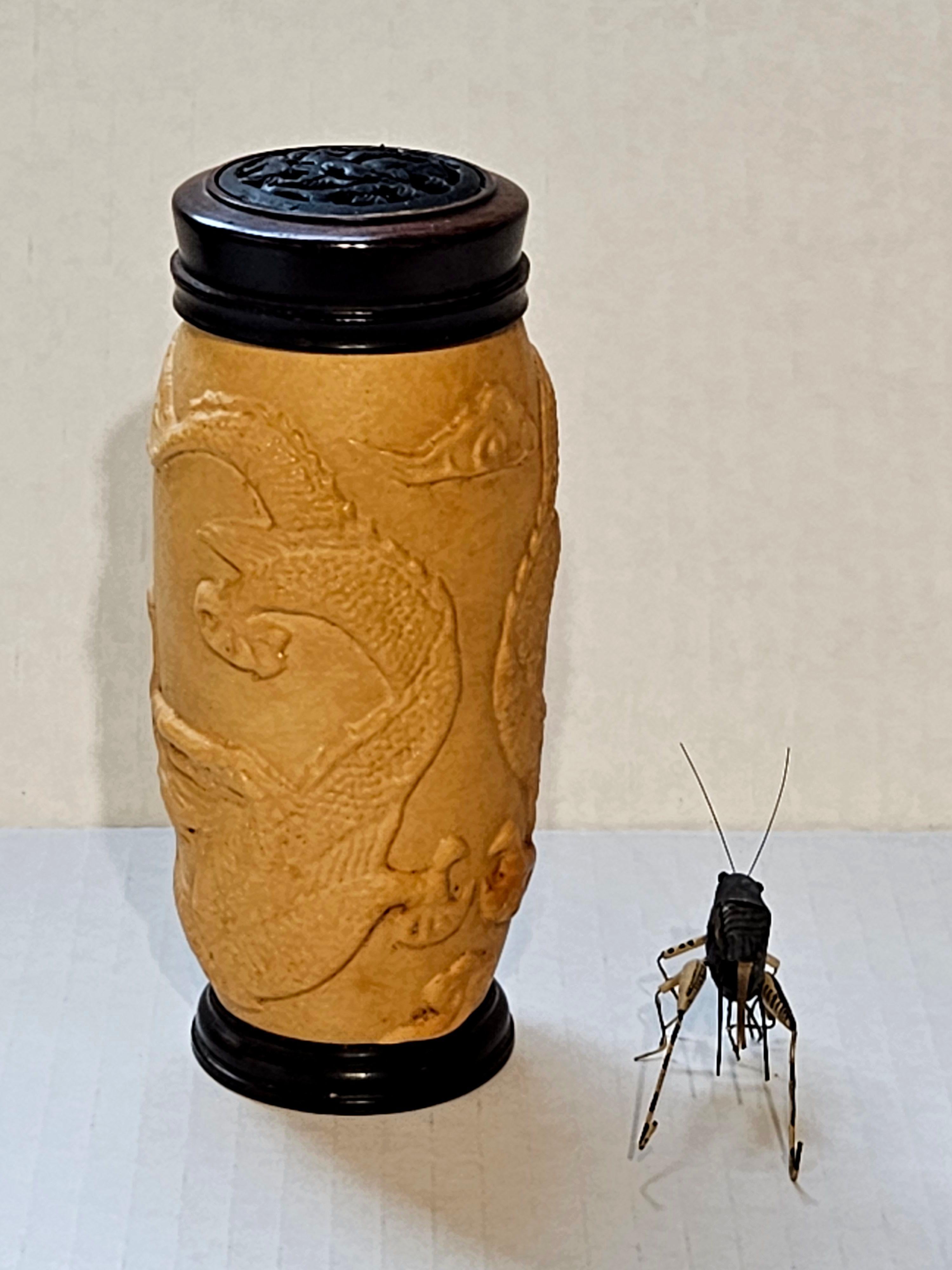 Chinese Carved Gourd Cricket Cage and a Modeled Cricket For Sale 4