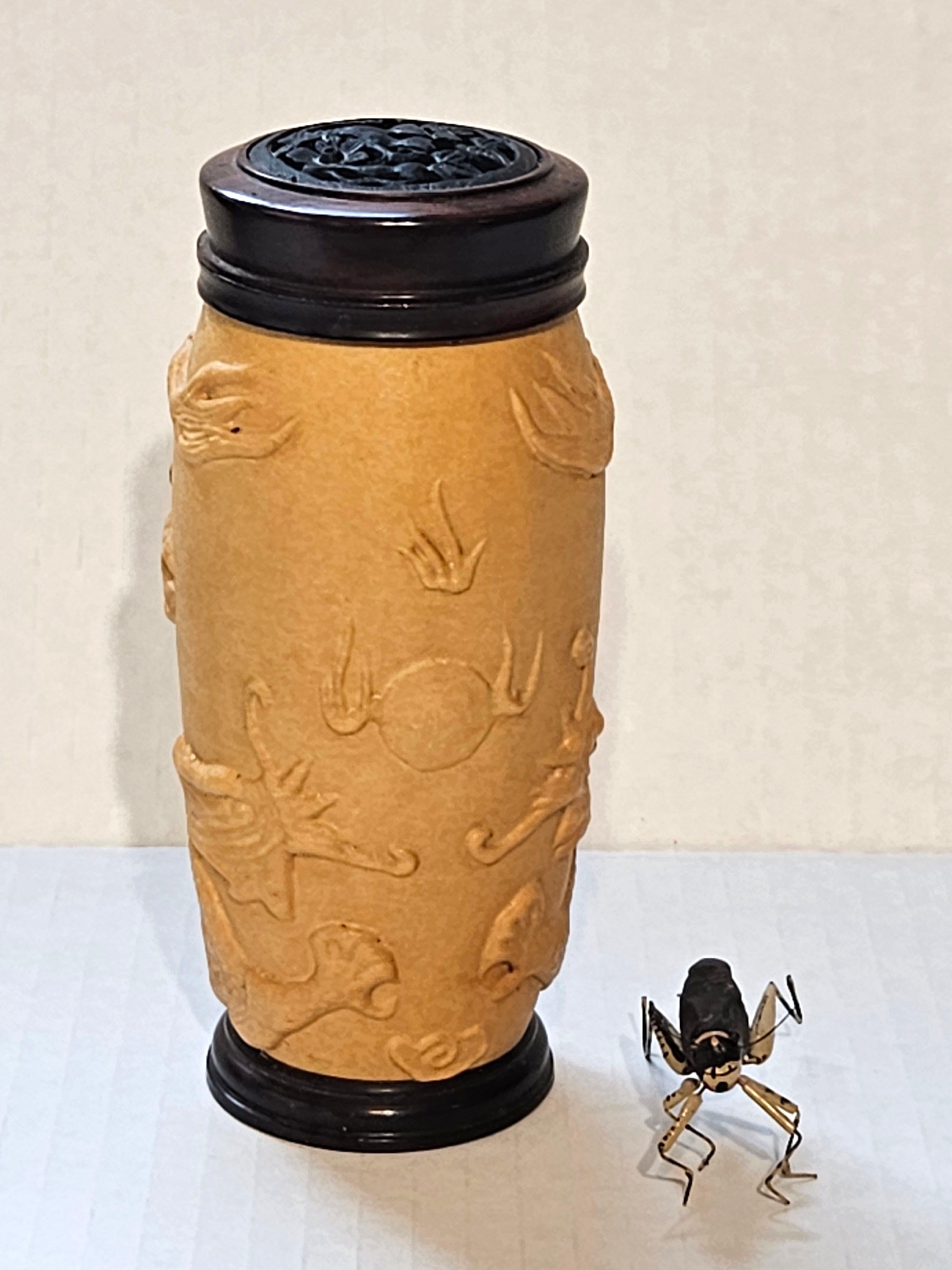 20th Century Chinese Carved Gourd Cricket Cage and a Modeled Cricket For Sale