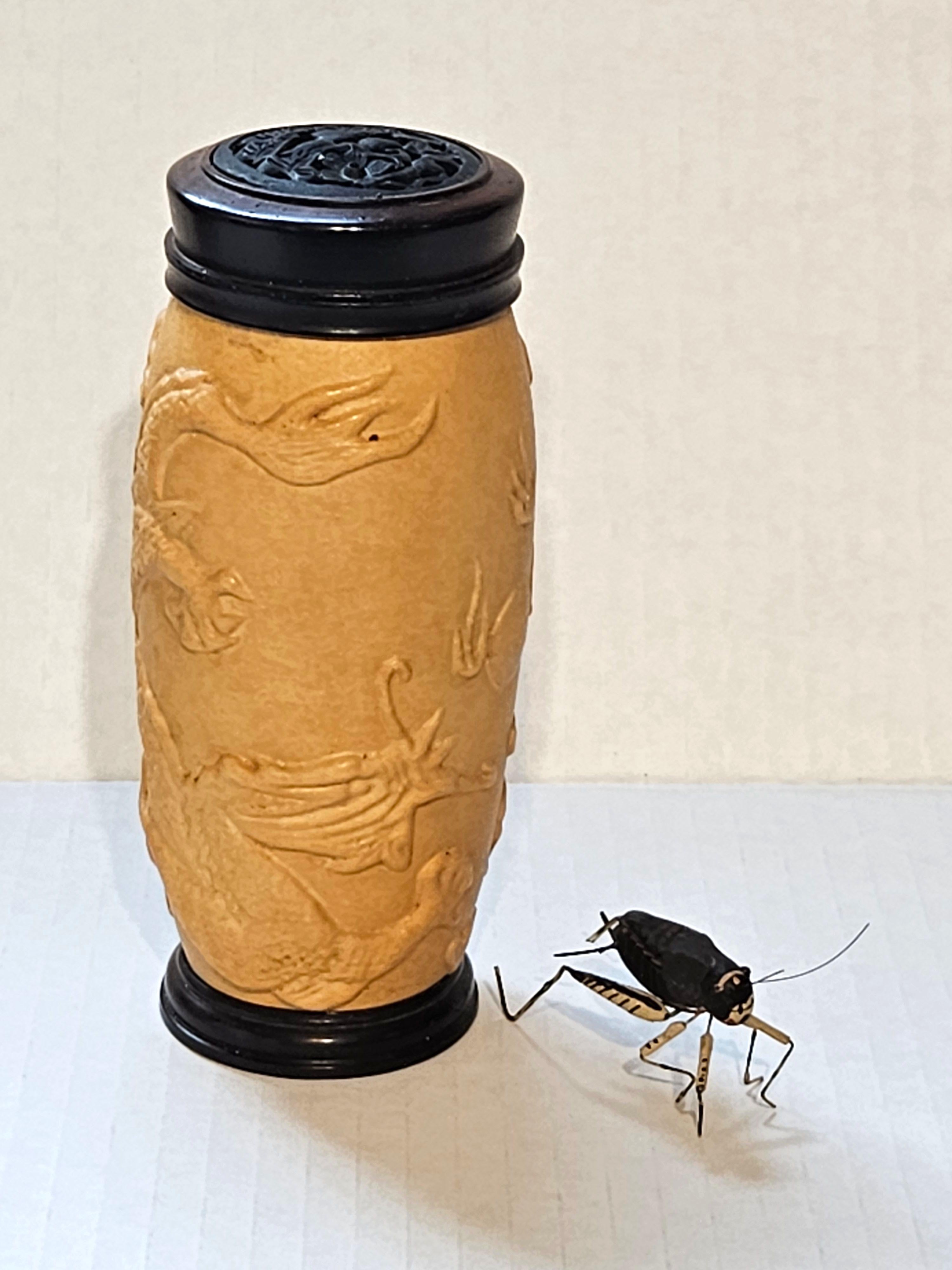 Wood Chinese Carved Gourd Cricket Cage and a Modeled Cricket For Sale