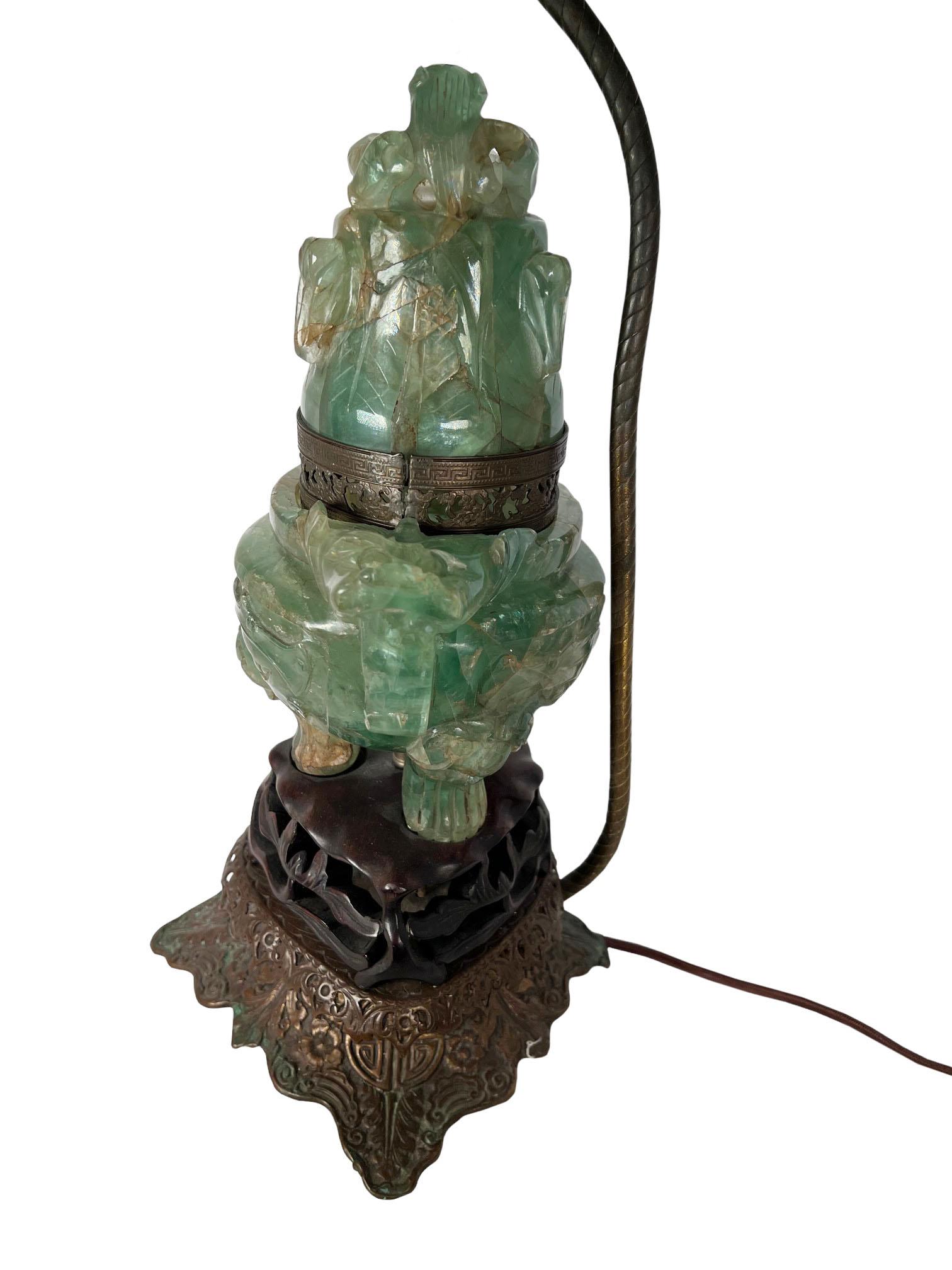 Chinese Carved Green Fluorite Table Lamp In Good Condition For Sale In Dallas, TX