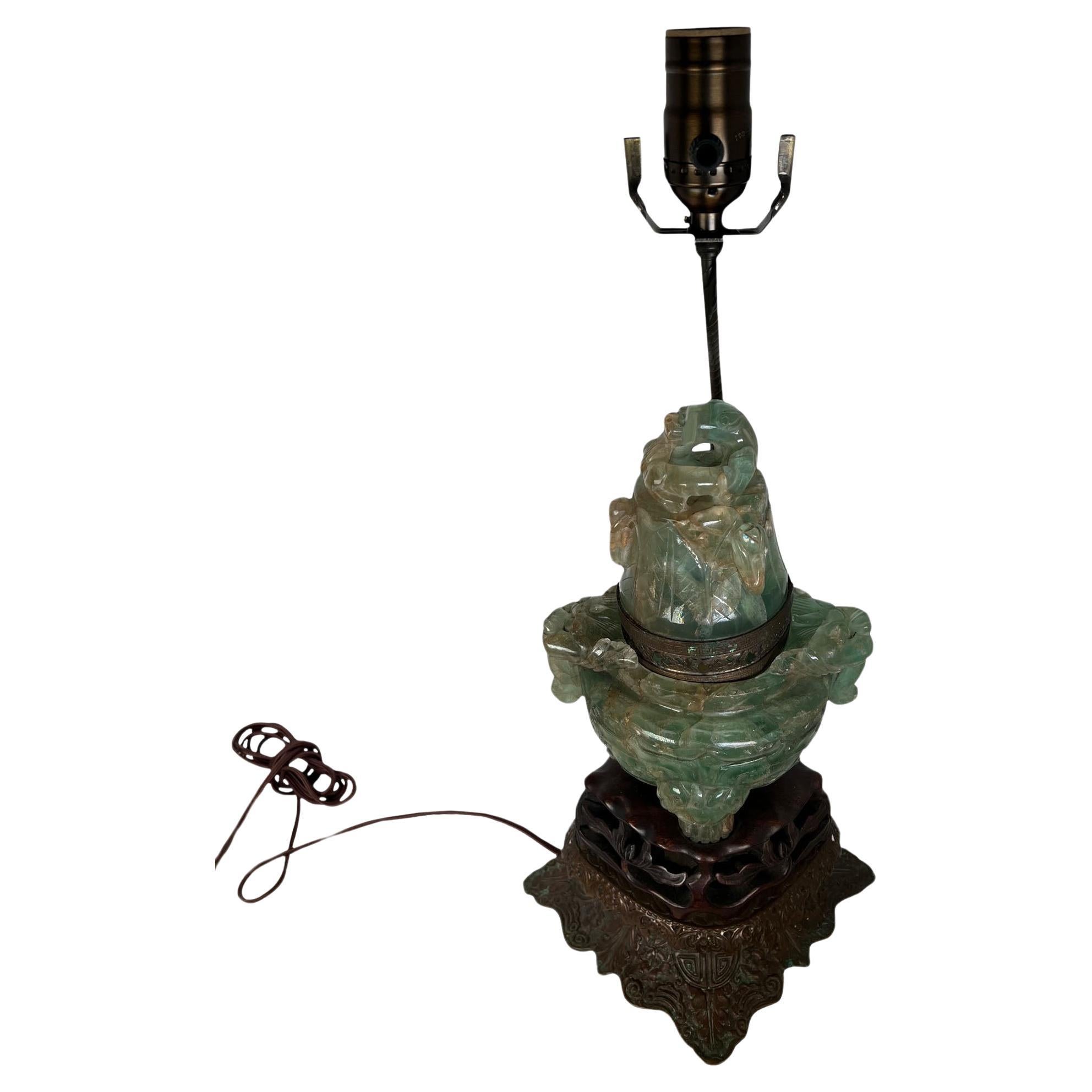 Chinese Carved Green Fluorite Table Lamp For Sale