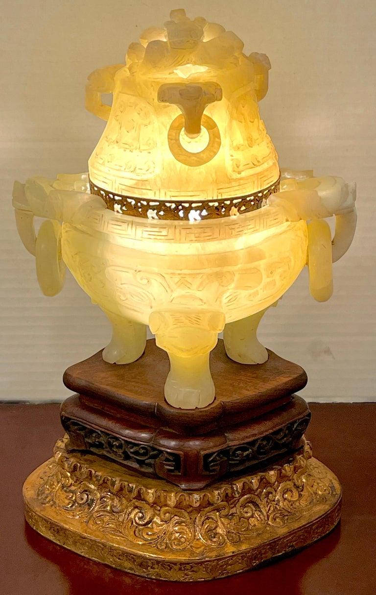 Chinese Carved Green Quartz Censor, Now as a Lamp For Sale 9