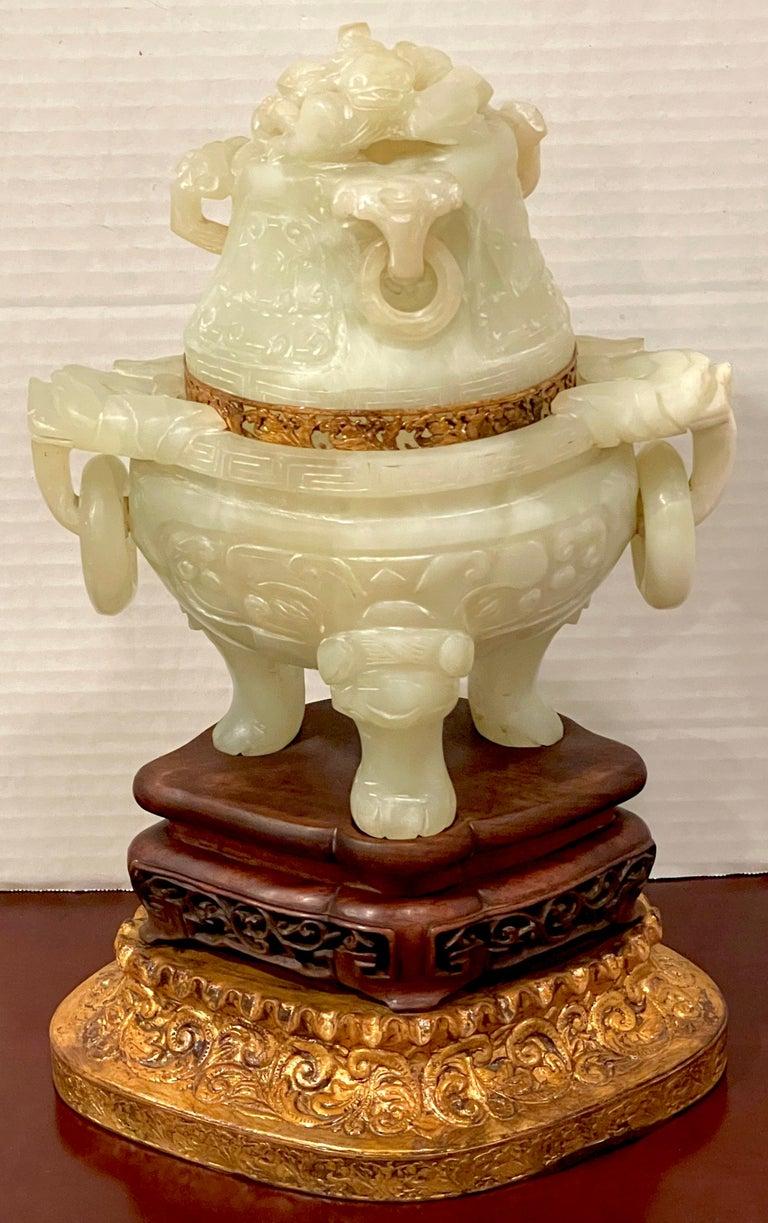 Chinese Carved Green Quartz Censor, Now as a Lamp

A captivating Chinese-carved green quartz censor was skillfully transformed into a lamp, showcasing exquisite craftsmanship and artistic ingenuity. The censor, originally designed in two parts with