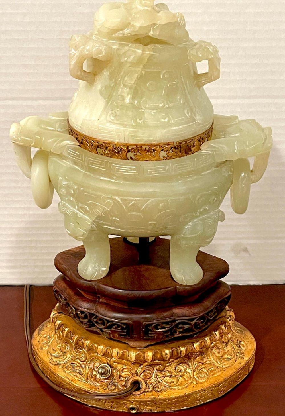 20th Century Chinese Carved Green Quartz Censor, Now as a Lamp For Sale