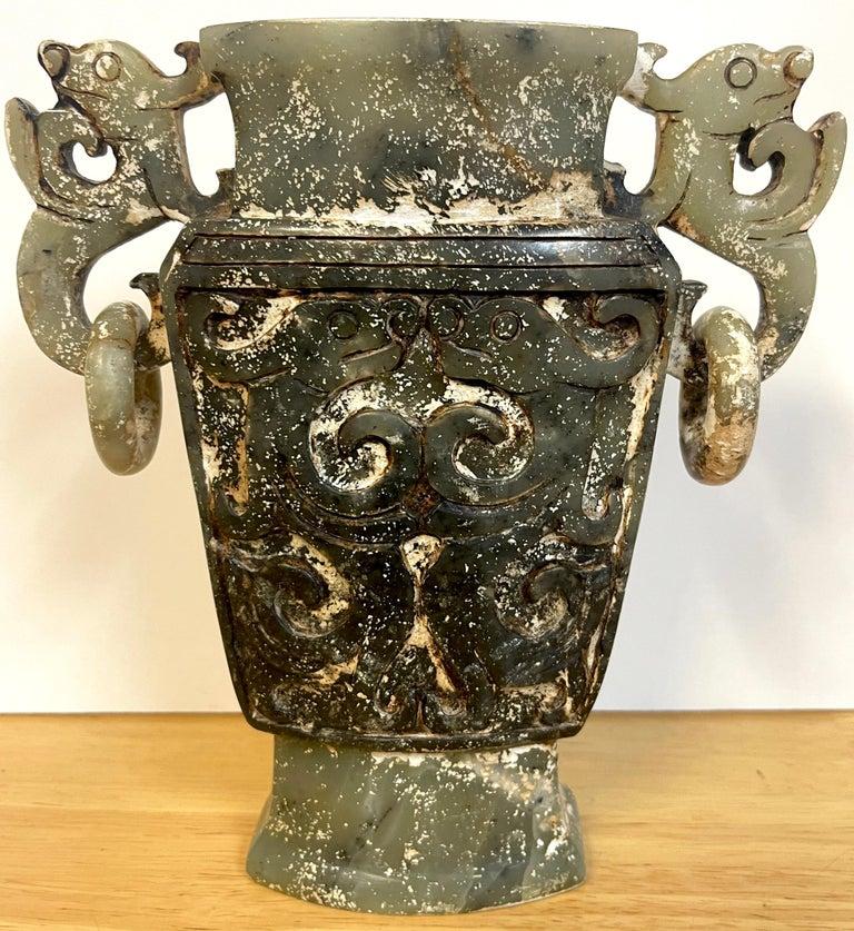 Chinese Carved Green & White Quartz Vase & Cover For Sale 6