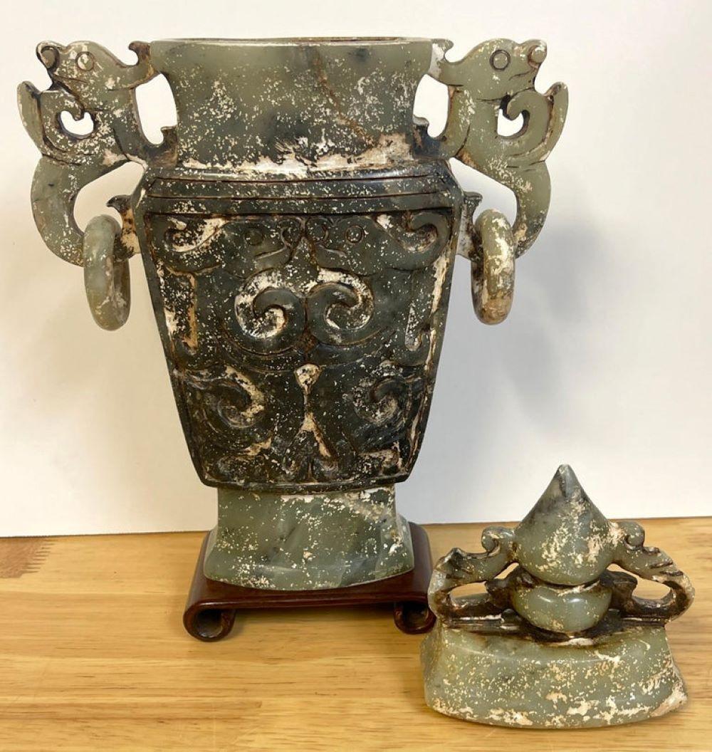 Chinese Export Chinese Carved Green & White Quartz Vase & Cover For Sale