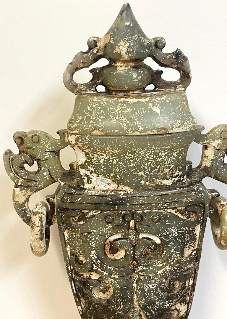 20th Century Chinese Carved Green & White Quartz Vase & Cover For Sale