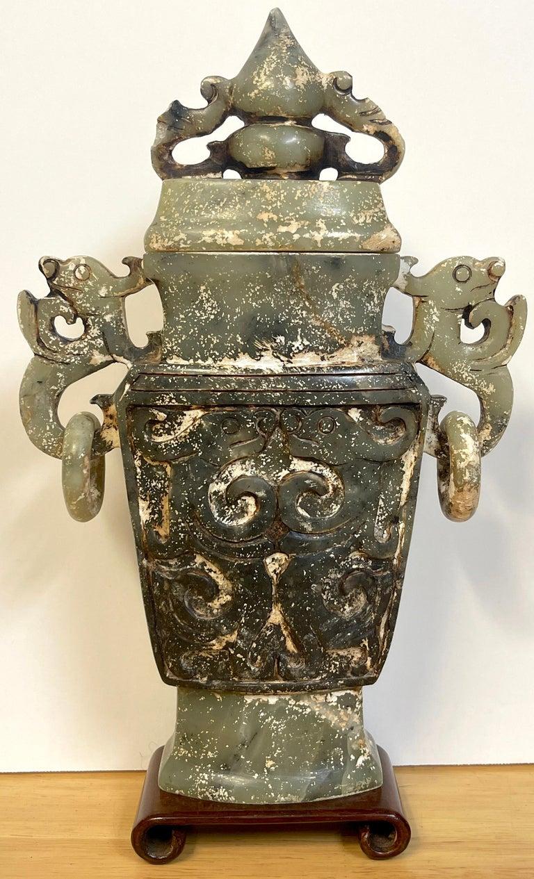 Chinese Carved Green & White Quartz Vase & Cover For Sale 2