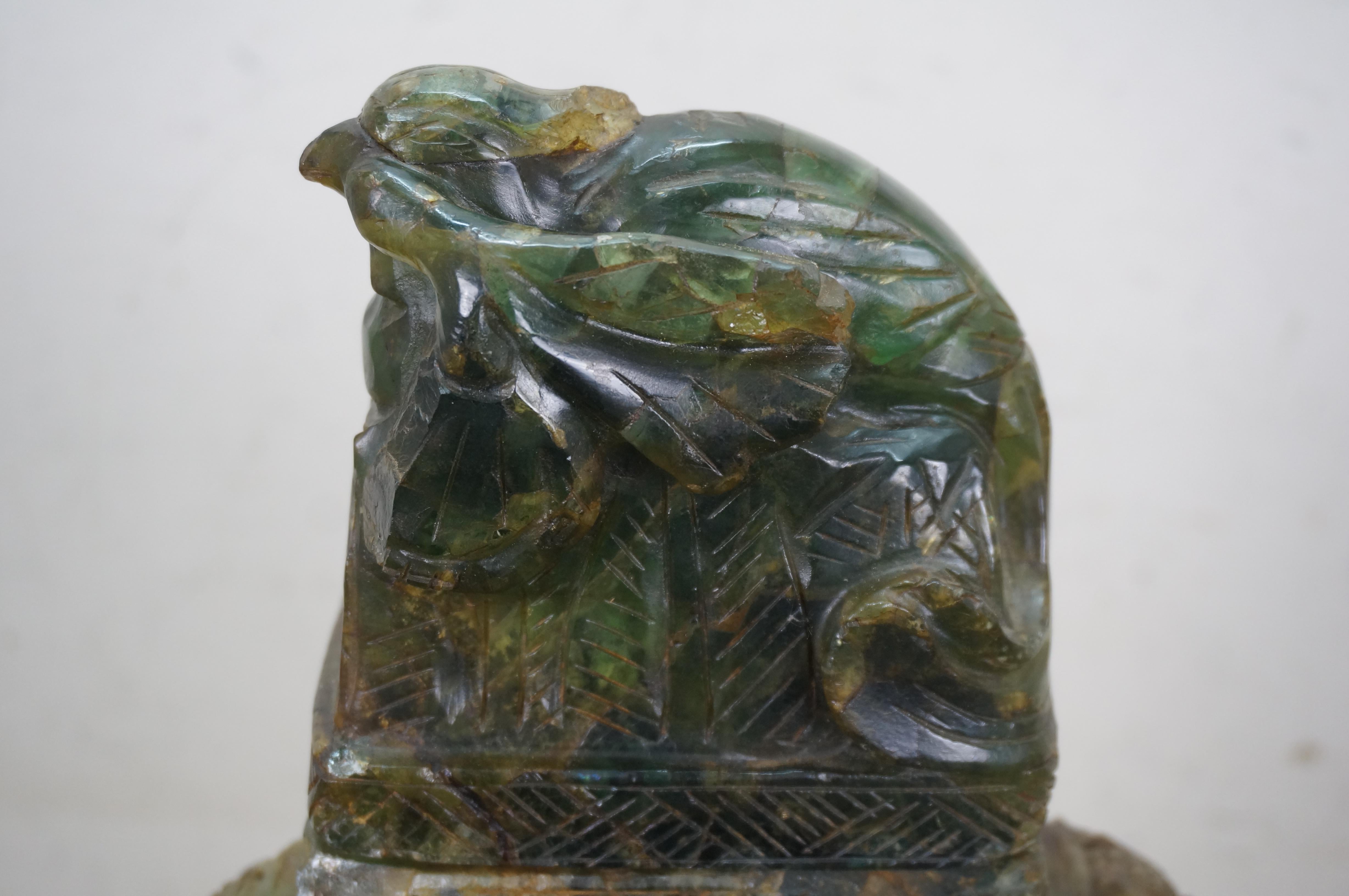 Chinese Carved Green & Yellow Jade Pheasant Urn 18