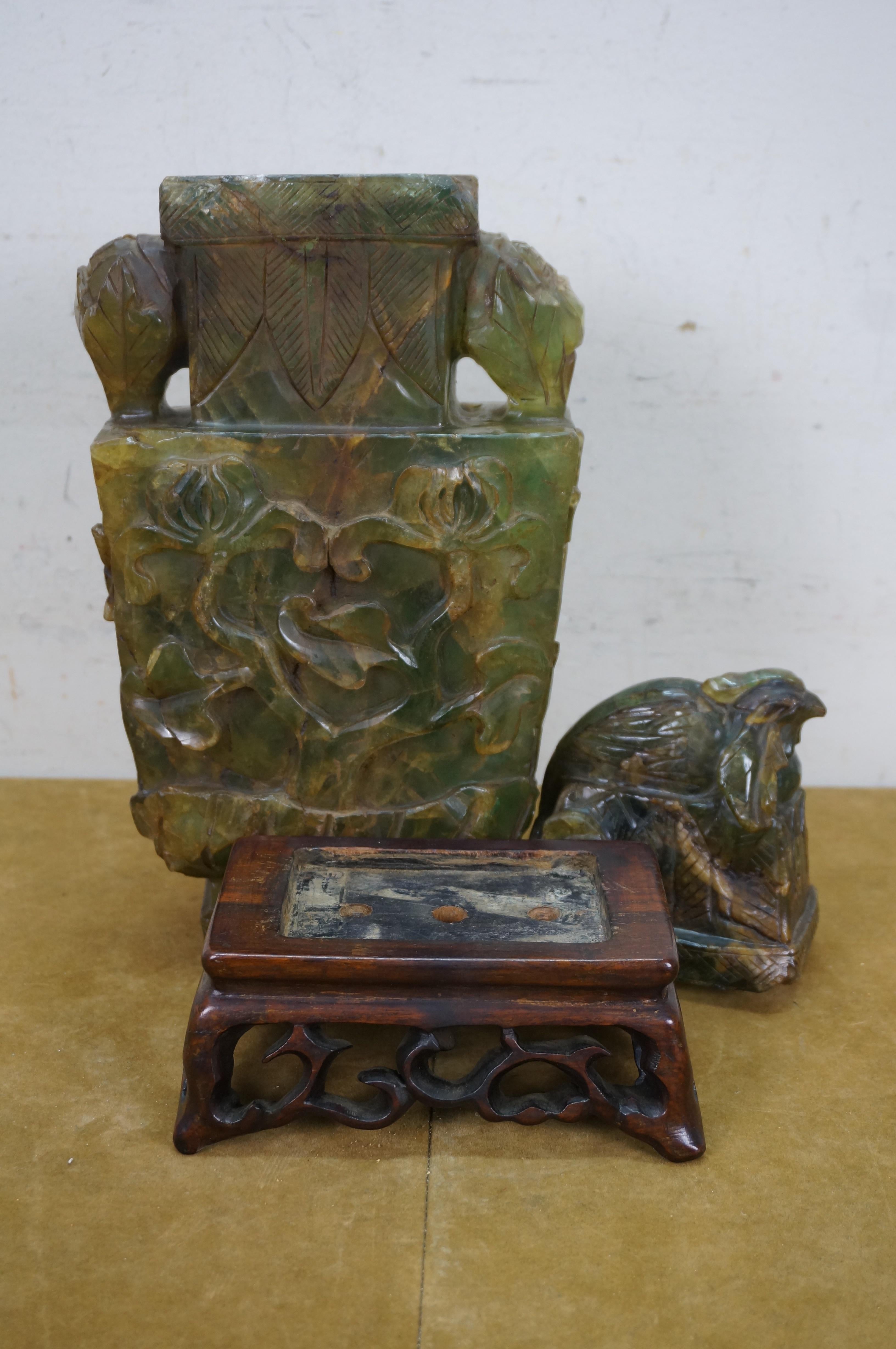 Chinese Carved Green & Yellow Jade Pheasant Urn 18