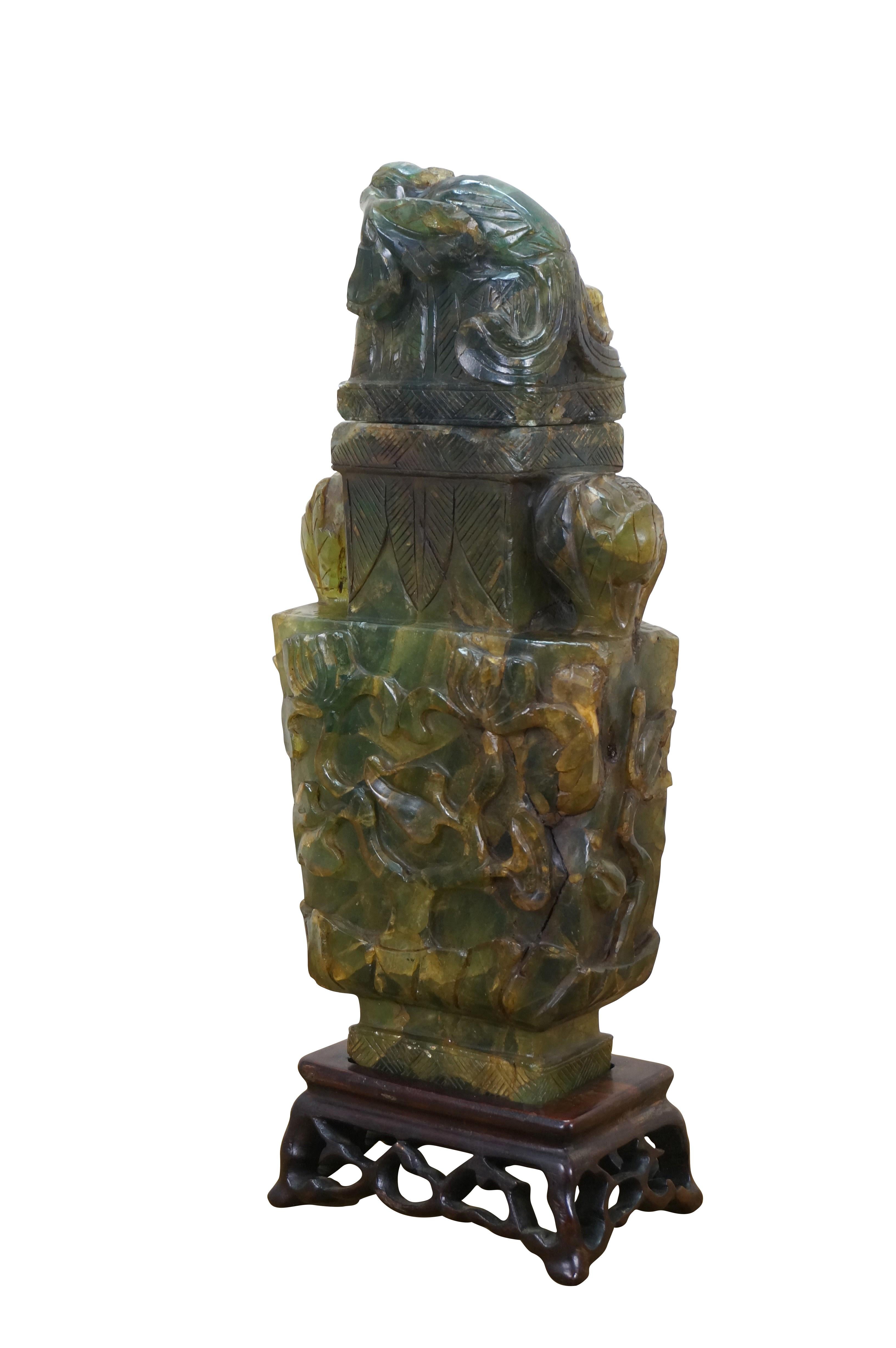 Chinoiserie Chinese Carved Green & Yellow Jade Pheasant Urn 18