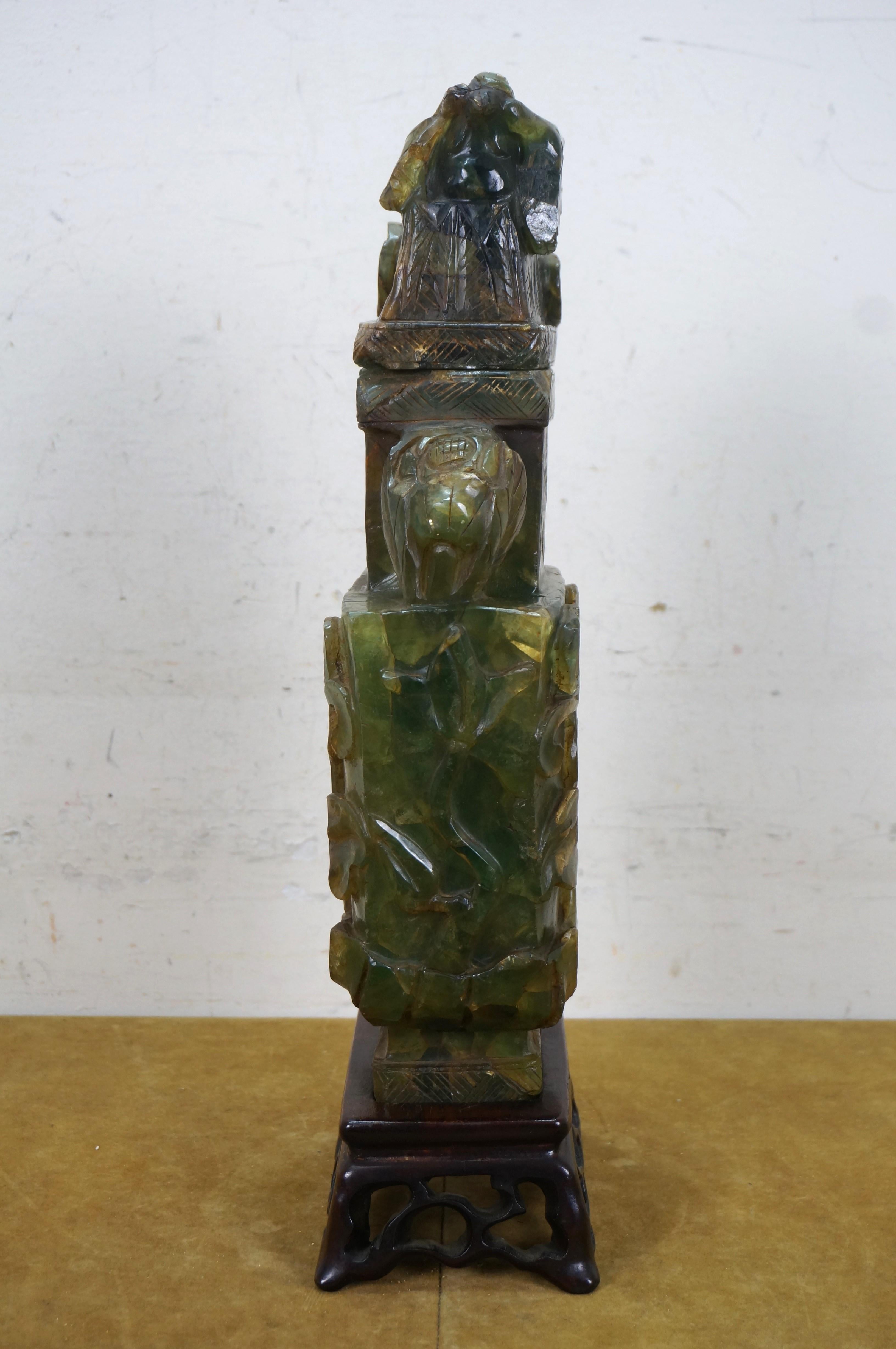 Chinese Carved Green & Yellow Jade Pheasant Urn 18