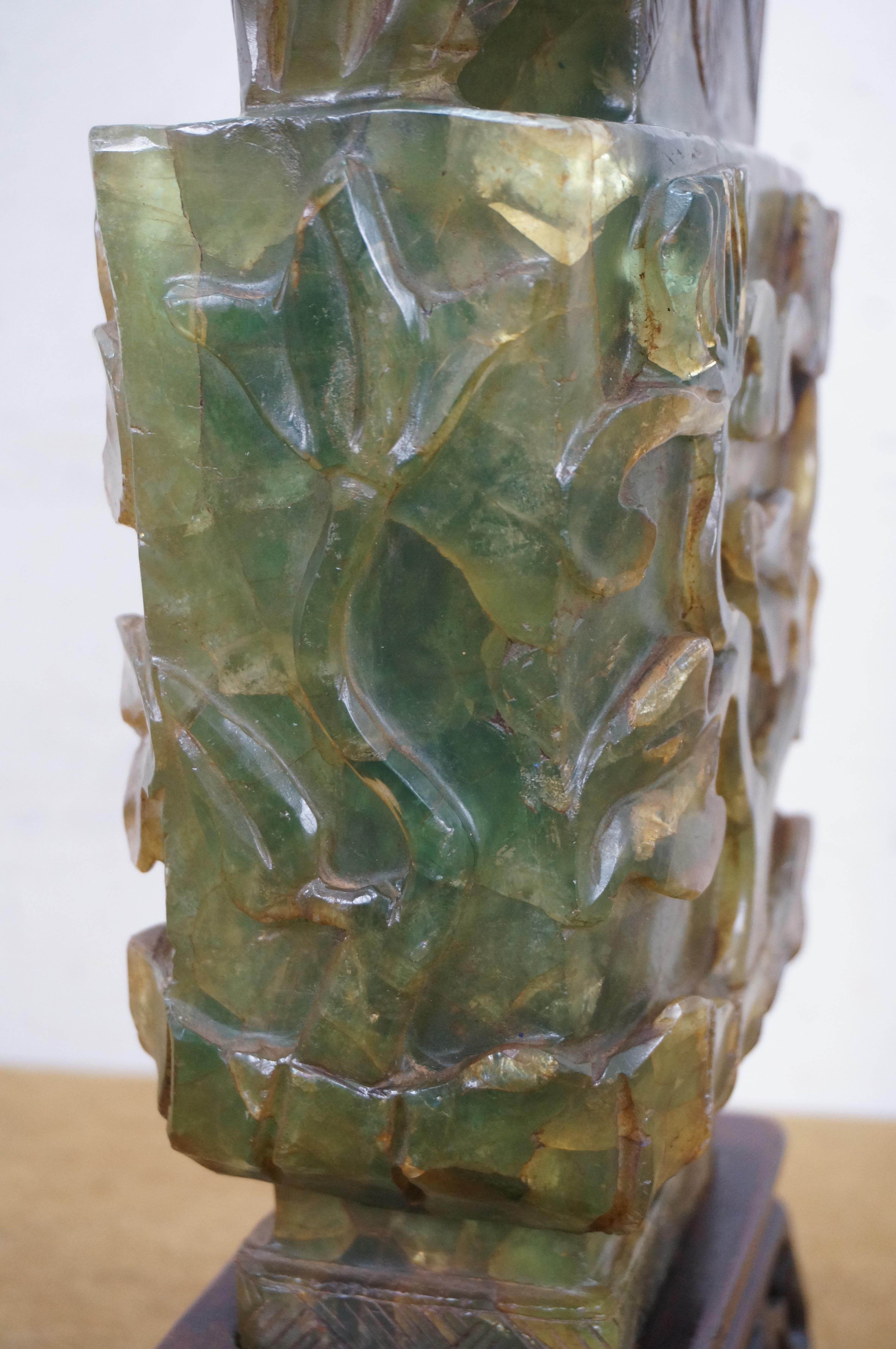 Chinese Carved Green & Yellow Jade Pheasant Urn 18