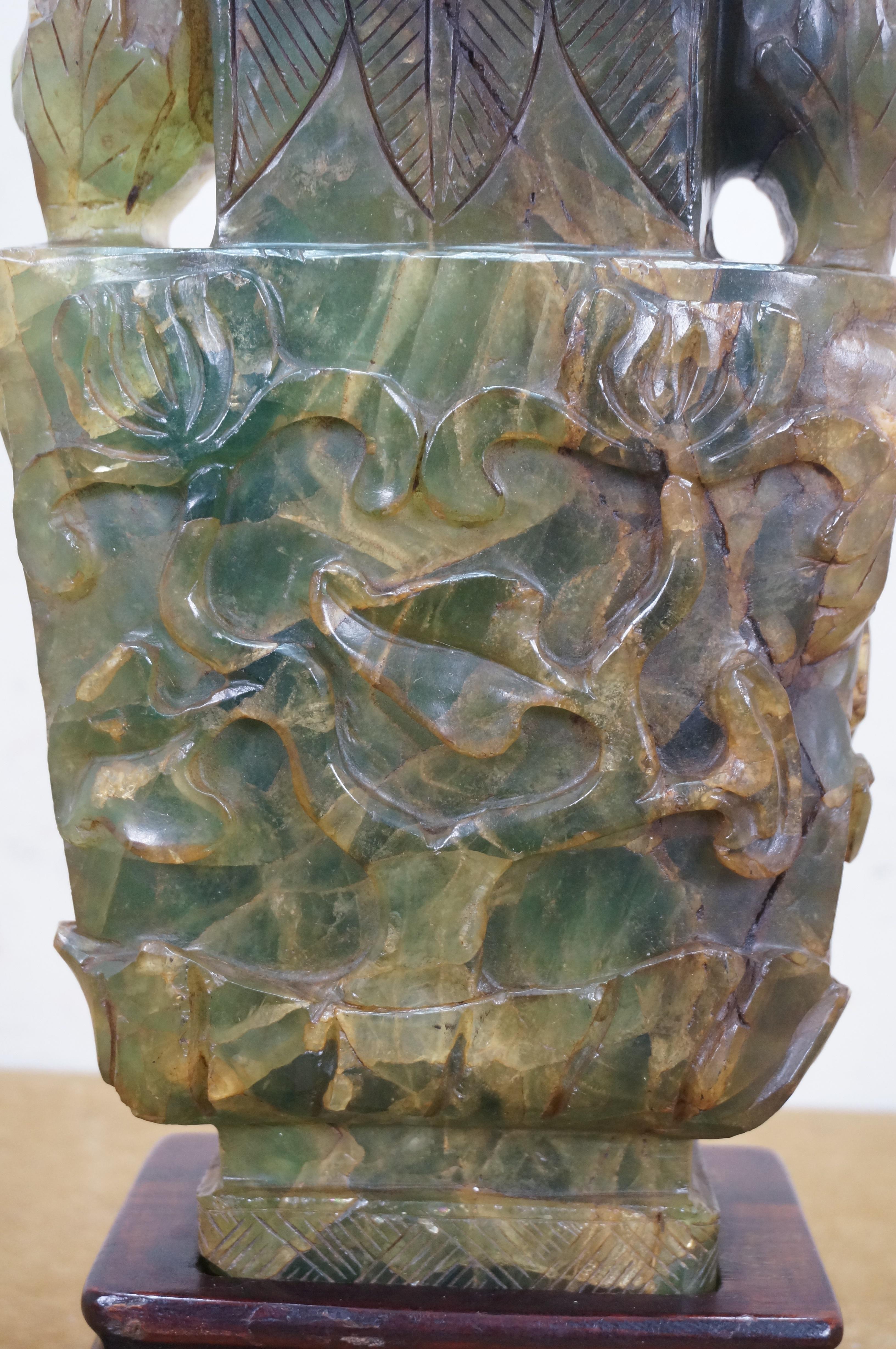 Chinese Carved Green & Yellow Jade Pheasant Urn 18