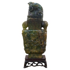 Chinese Carved Green & Yellow Jade Pheasant Urn 18"